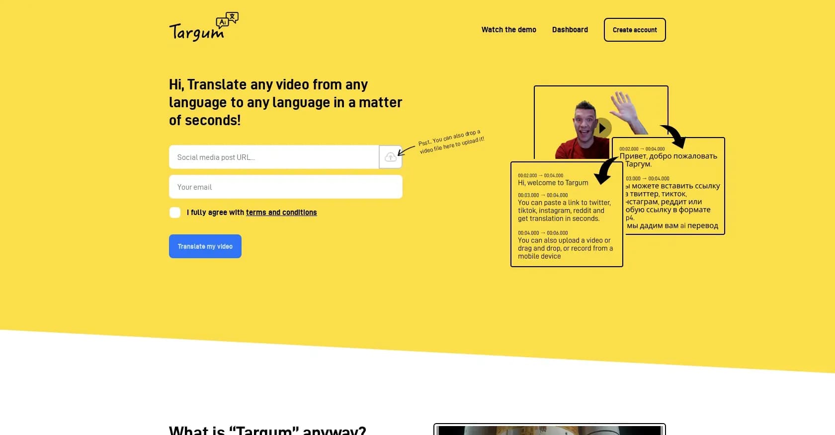 Targum Video homepage screenshot — Translate videos into multiple languages in minutes.