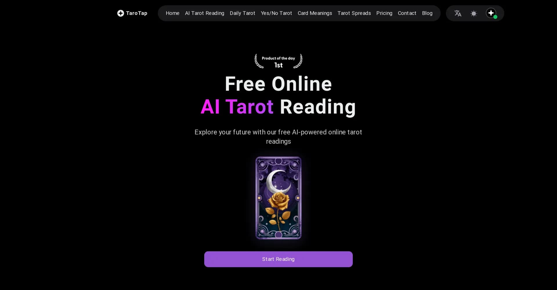 TaroTap homepage screenshot — Explore your future with AI-powered tarot readings