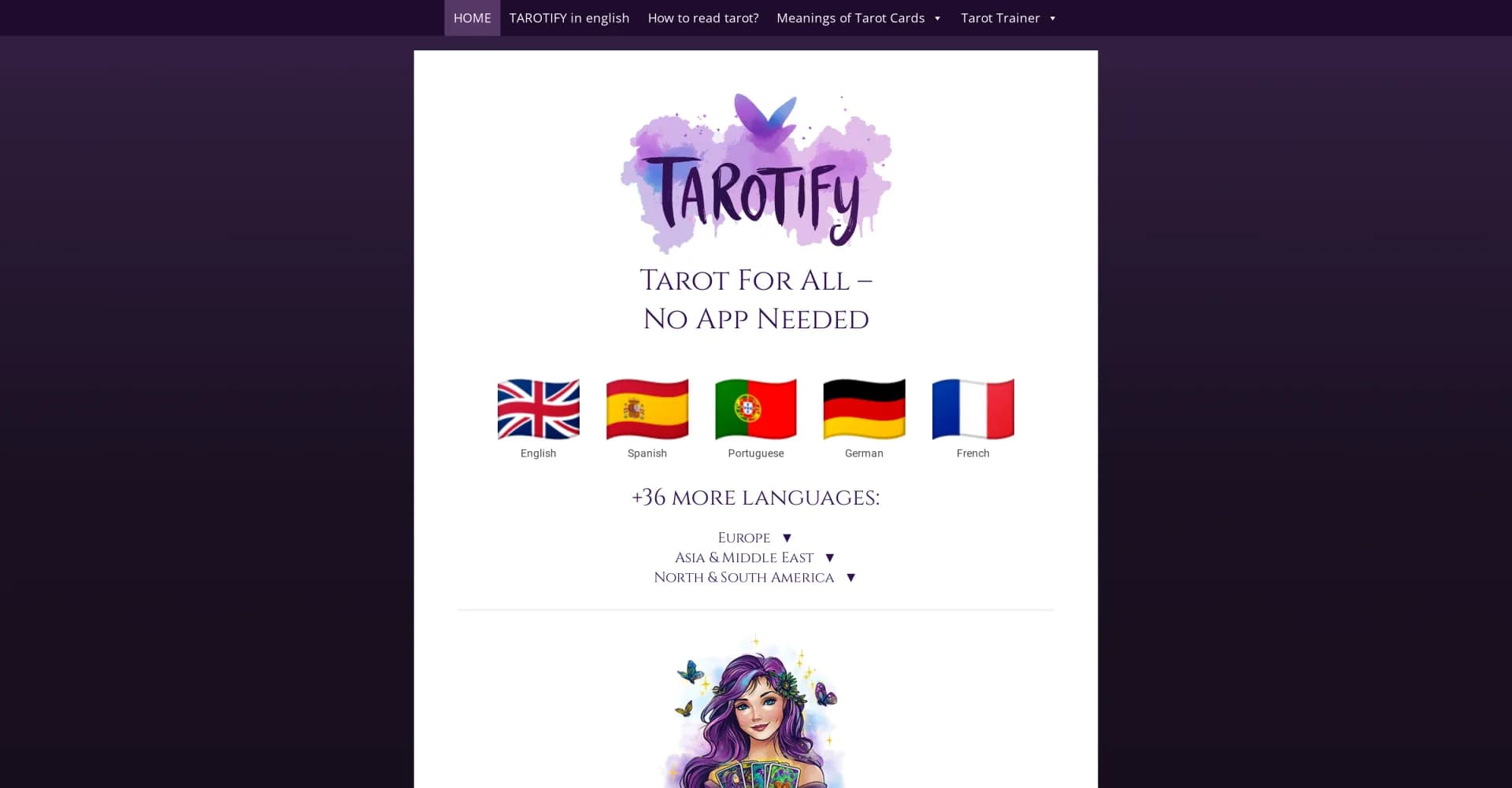 Tarotify homepage screenshot — AI-powered tarot readings, no app required.