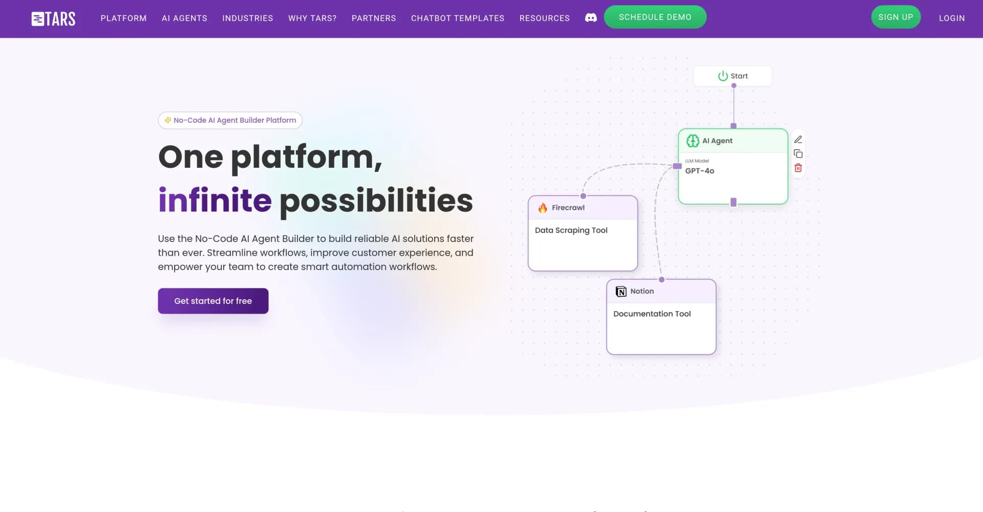 Tars homepage screenshot — Build powerful AI agents without code
