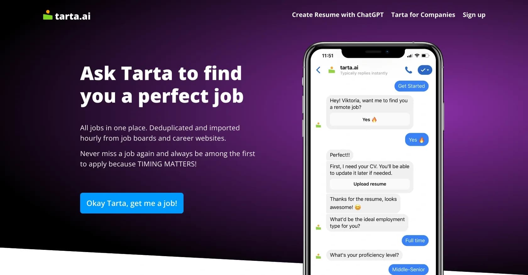 Tarta homepage screenshot — AI-powered job search assistant for efficient career opportu
