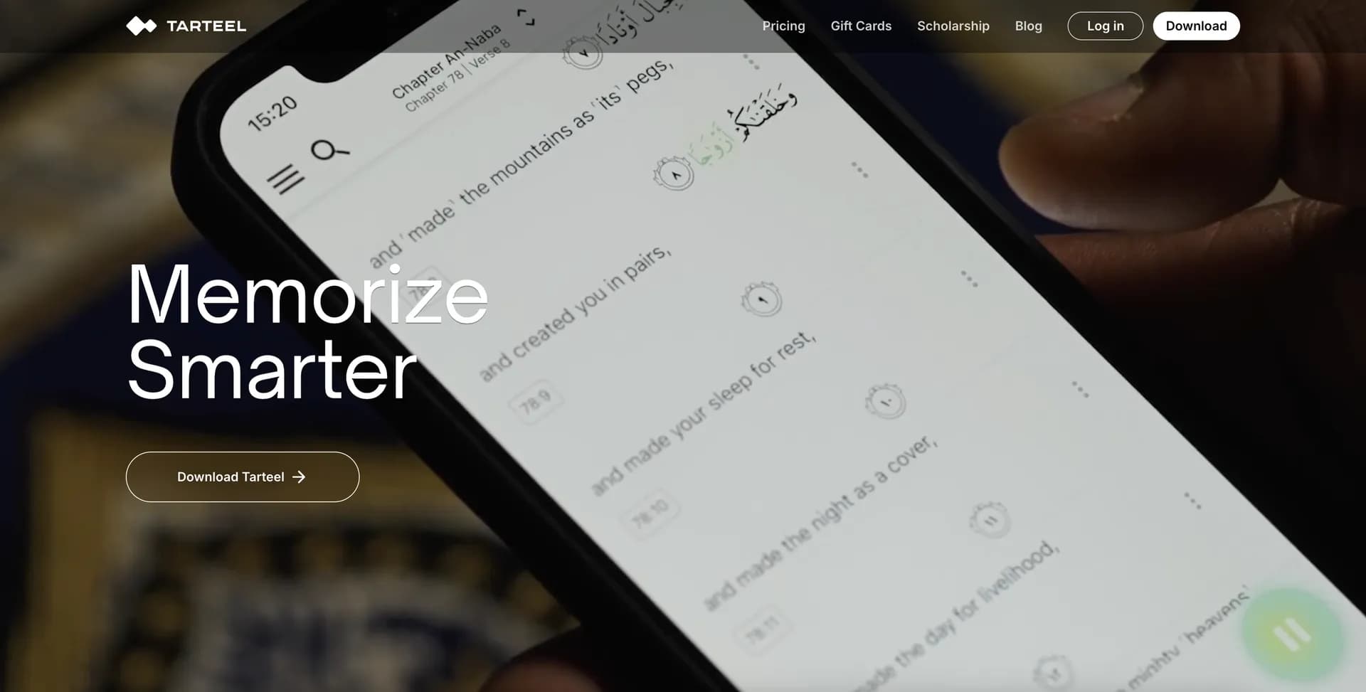 Tarteel homepage screenshot — AI-powered Quran companion for confident recitation