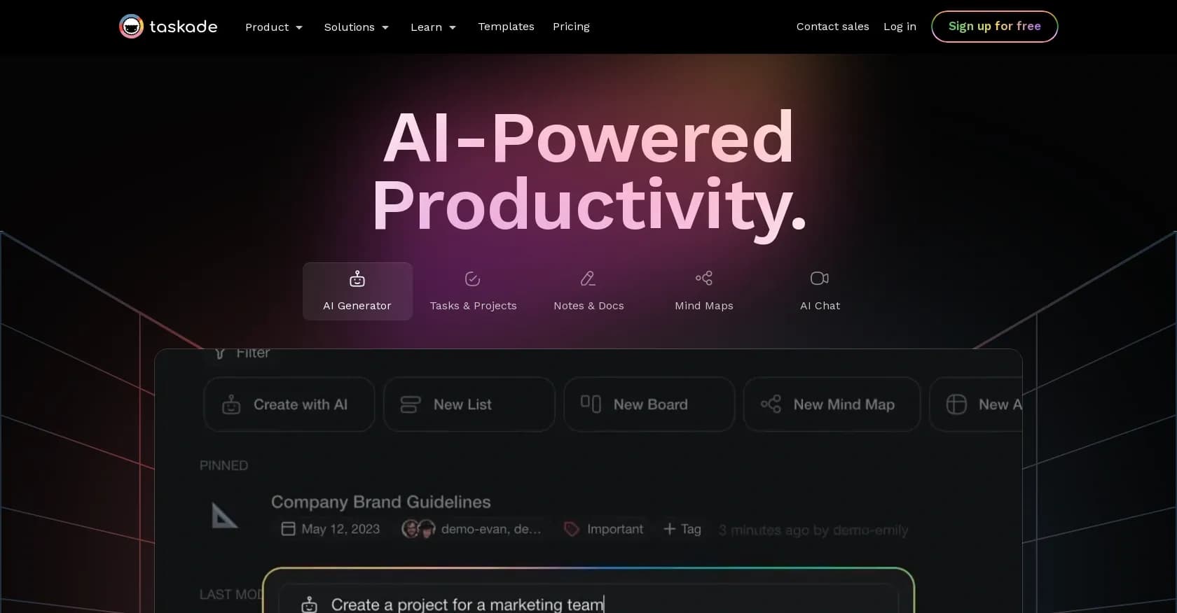 Taskade homepage screenshot — Automated productivity and collaboration platform.