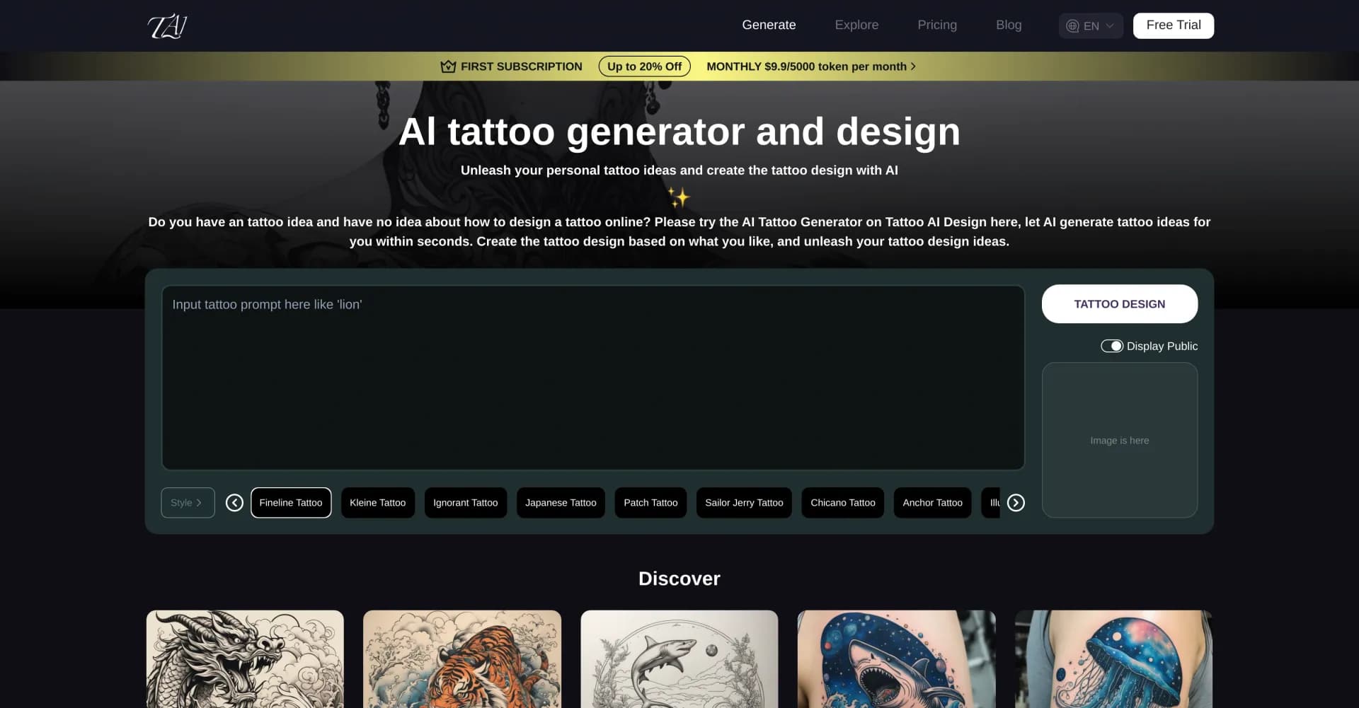 Tattoo AI Design homepage screenshot — Create unique AI-generated tattoo designs.