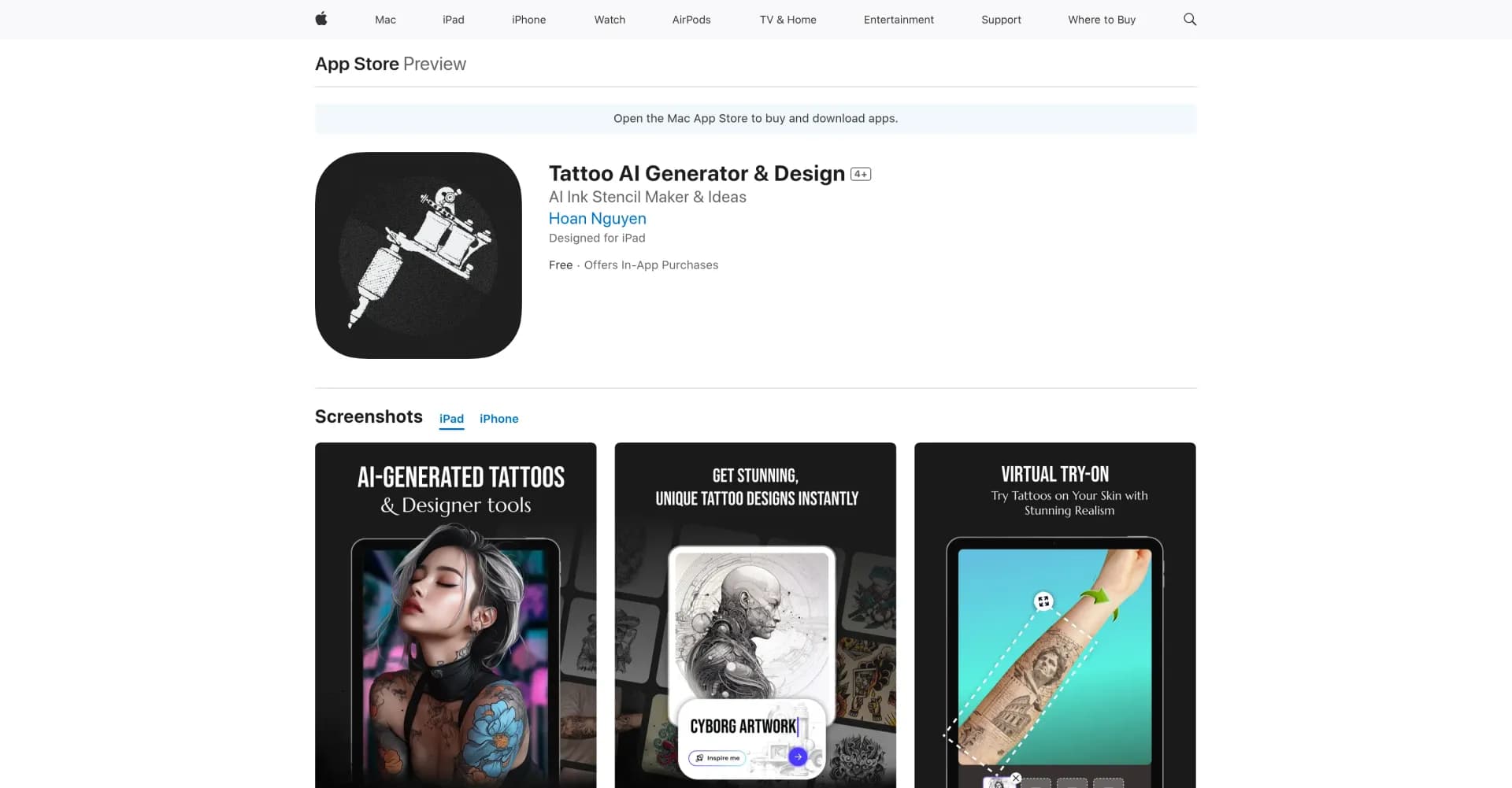 Tattoo AI Generator & Design homepage screenshot — Design your dream tattoo with AI.