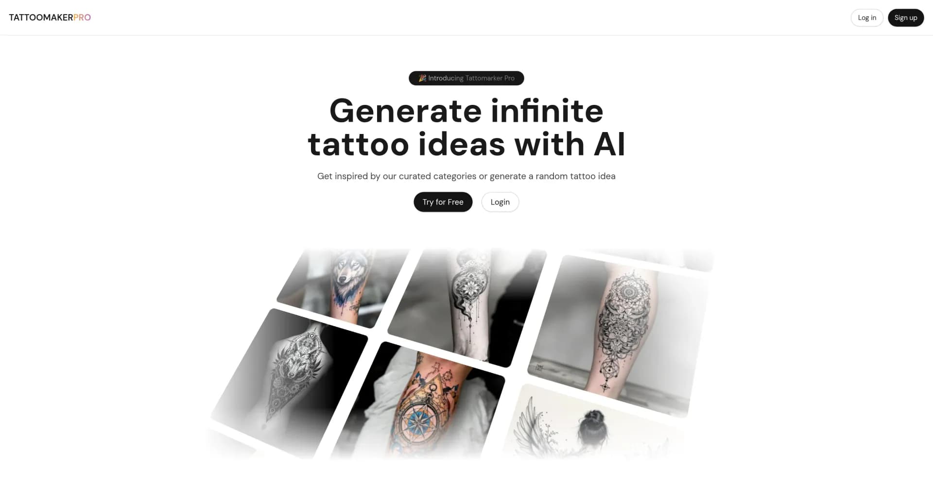 TattooMakerPro homepage screenshot — AI tattoo ideas generator