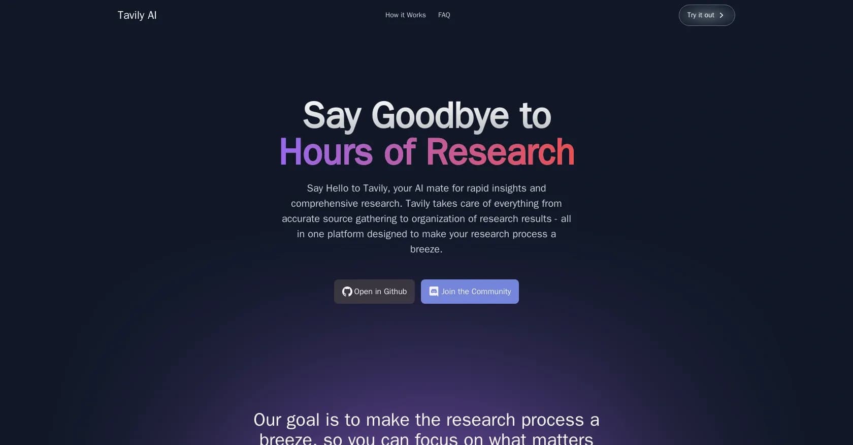 Tavily homepage screenshot — AI researcher for rapid insights and comprehensive research.