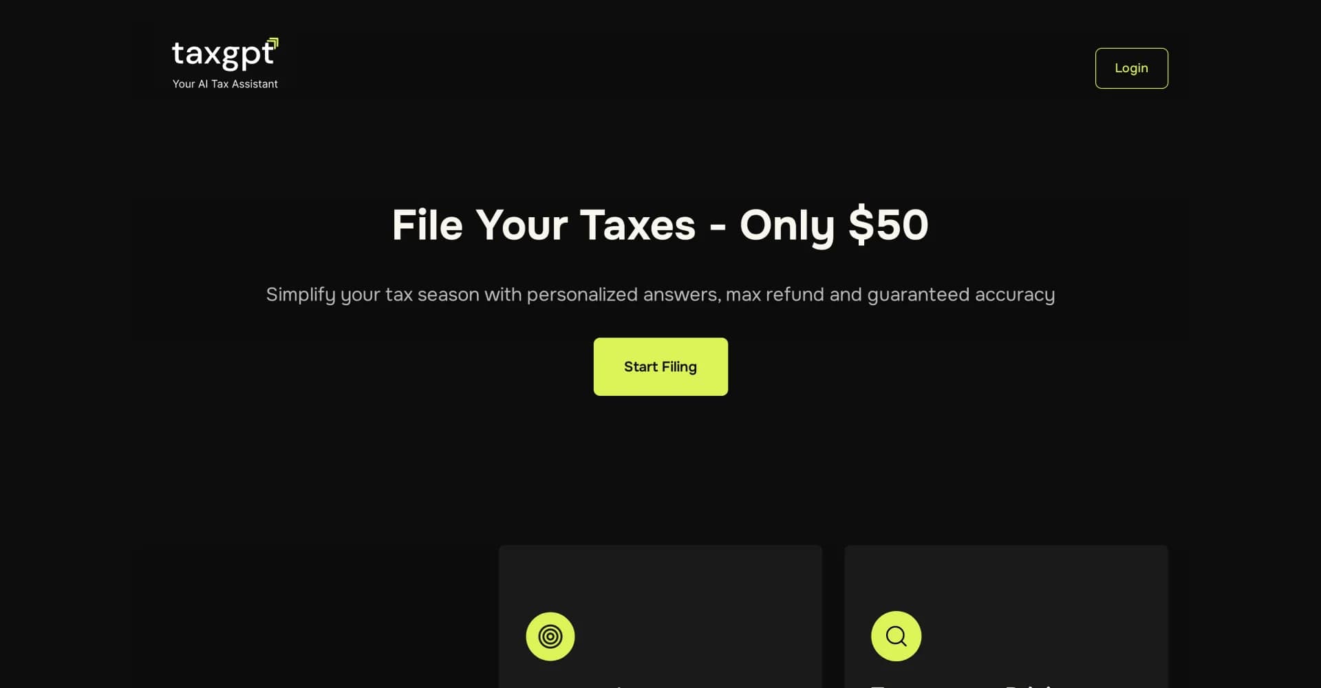 TaxGPT.com homepage screenshot — AI-powered tax filing: $50 flat, max refunds guaranteed.