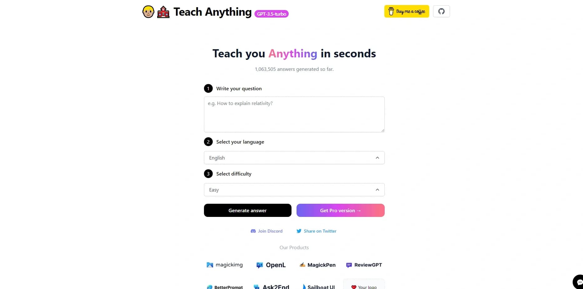 Teach Anything homepage screenshot — AI-powered instant teaching on any topic.