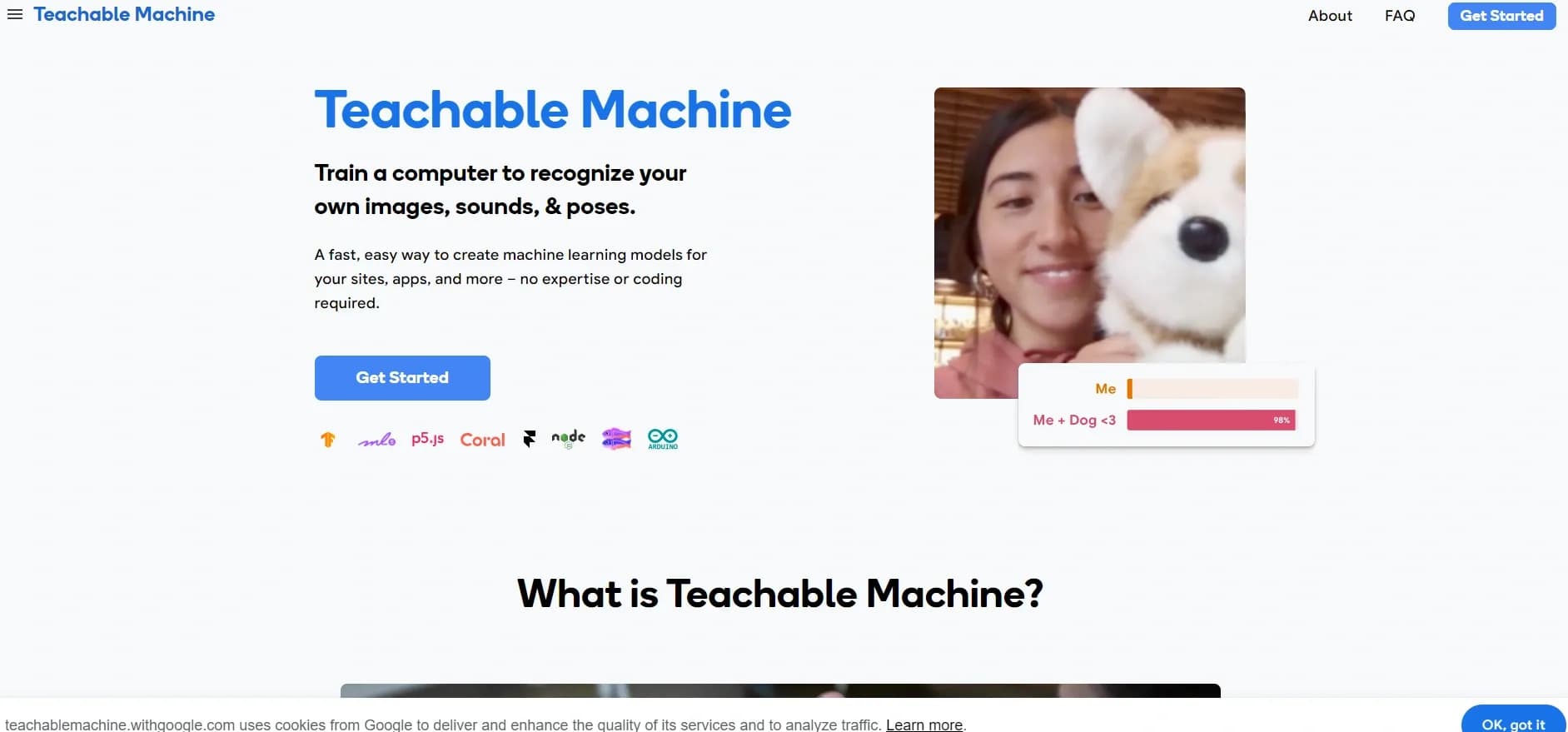 Teachable Machine homepage screenshot — AI-powered creative assistant for marketing professionals