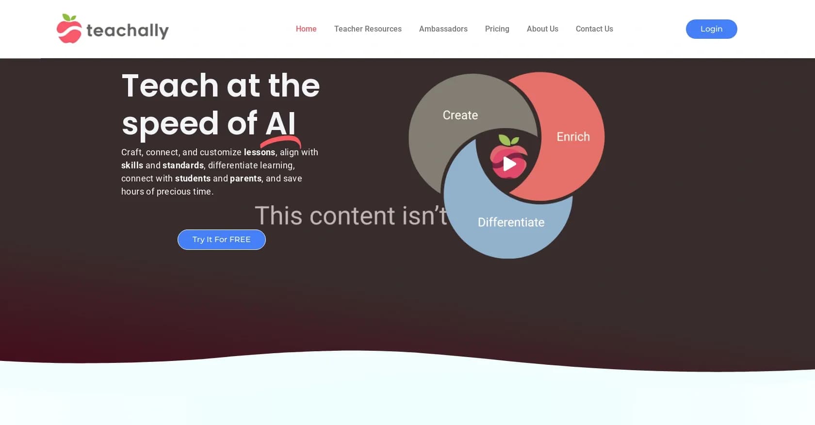 Teachally homepage screenshot — Efficient lesson planning for teachers.