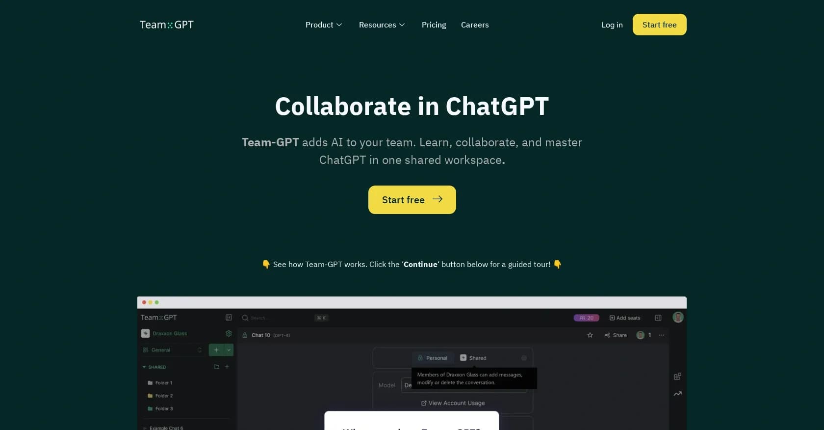 Team-GPT homepage screenshot — Collaboration: threaded conversations, flexible billing.