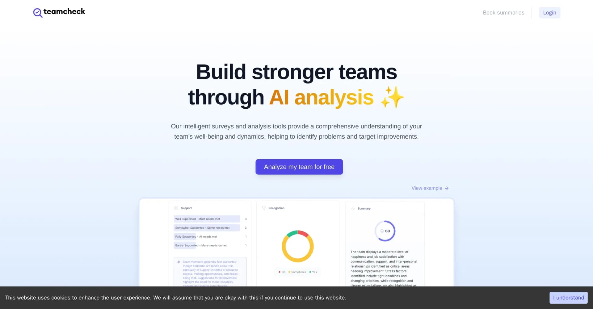 TeamCheck homepage screenshot — Build stronger teams through AI-powered analysis