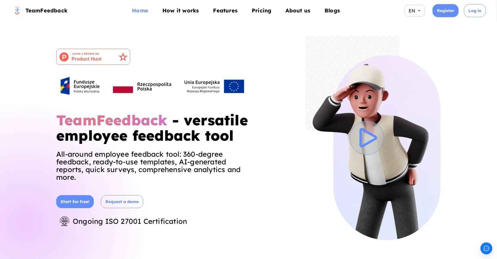 TeamFeedback homepage screenshot — Empower teams with AI-powered employee feedback.