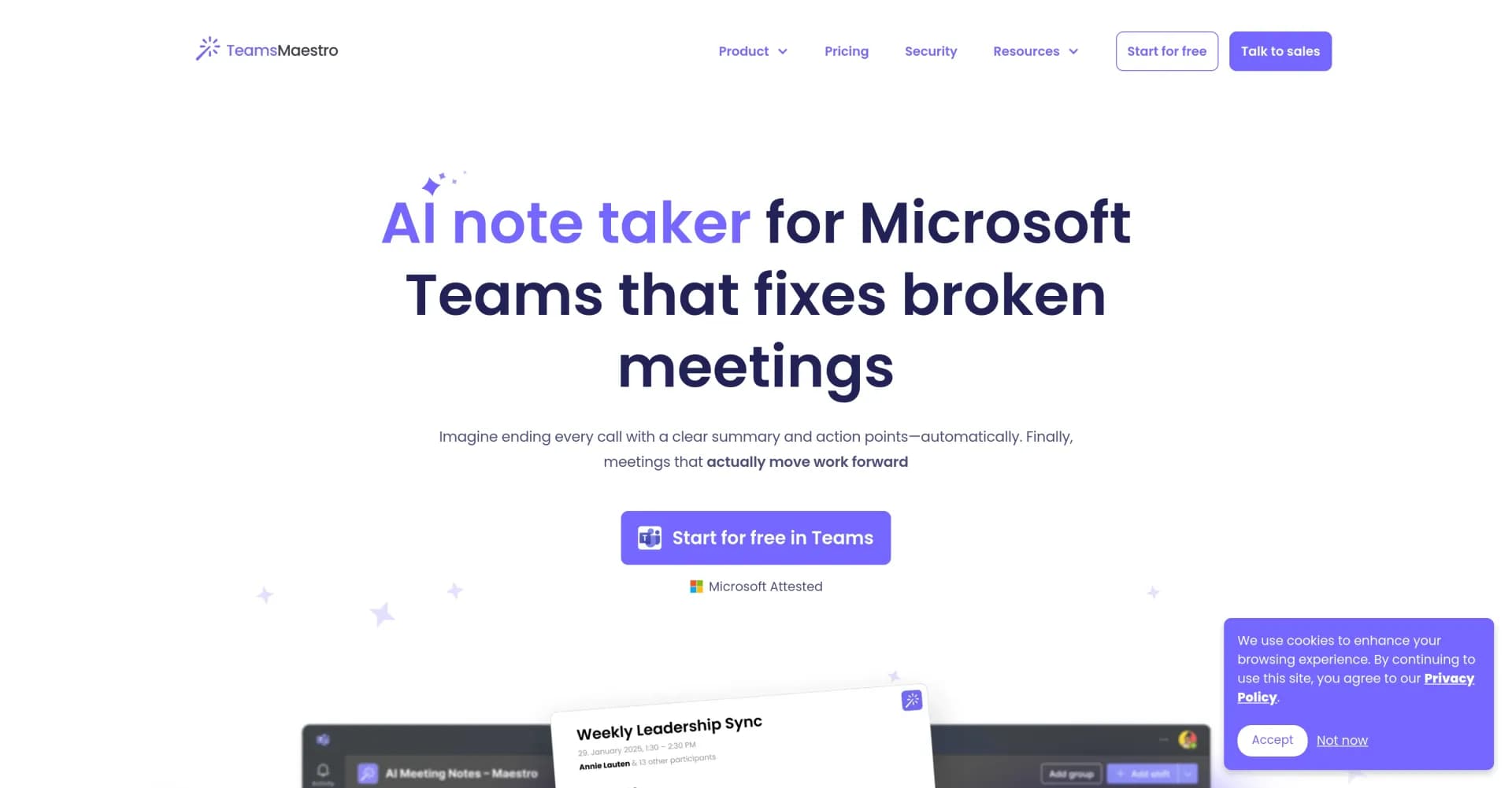 TeamsMaestro - Free AI Meeting Note Taker homepage screenshot — AI note taker that fixes broken meetings.