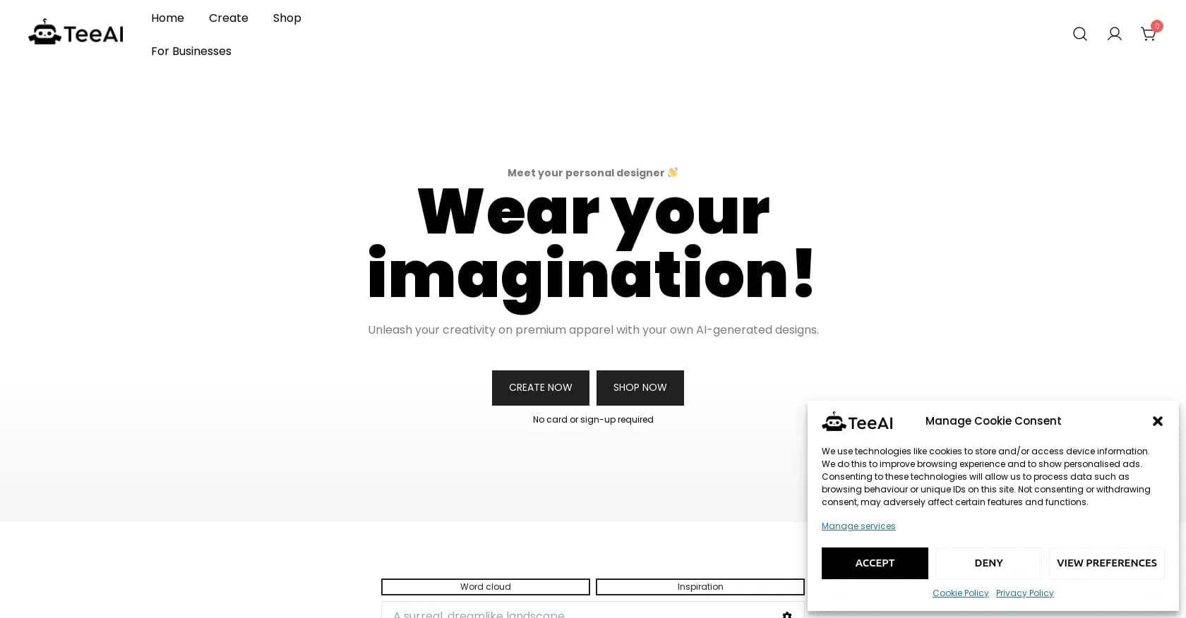 TeeAI homepage screenshot — Customized t-shirt designs created.