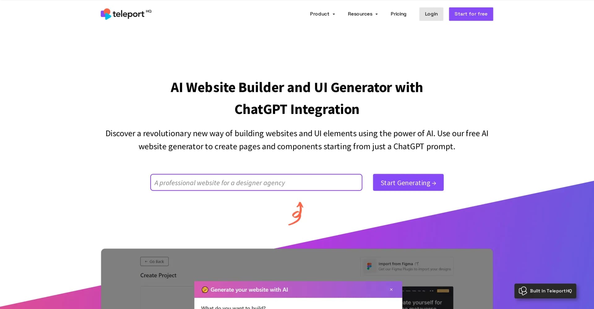 TeleportHQ homepage screenshot — AI-powered website builder using ChatGPT