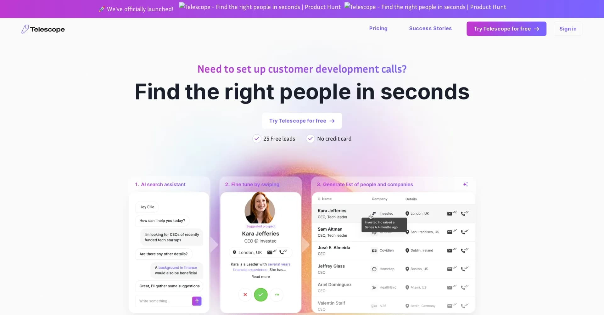 Telescope AI homepage screenshot — Find the right customers in seconds.