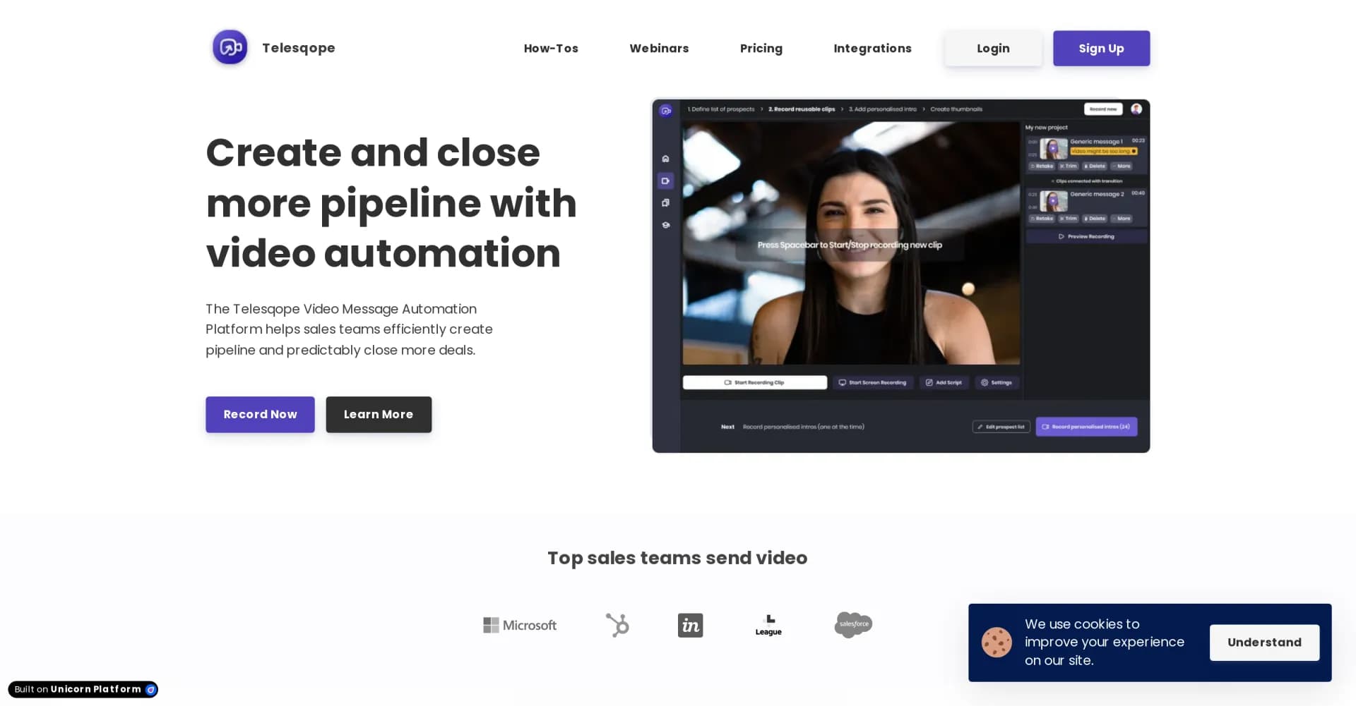 Telesqope homepage screenshot — Create and close more pipeline with video automation.