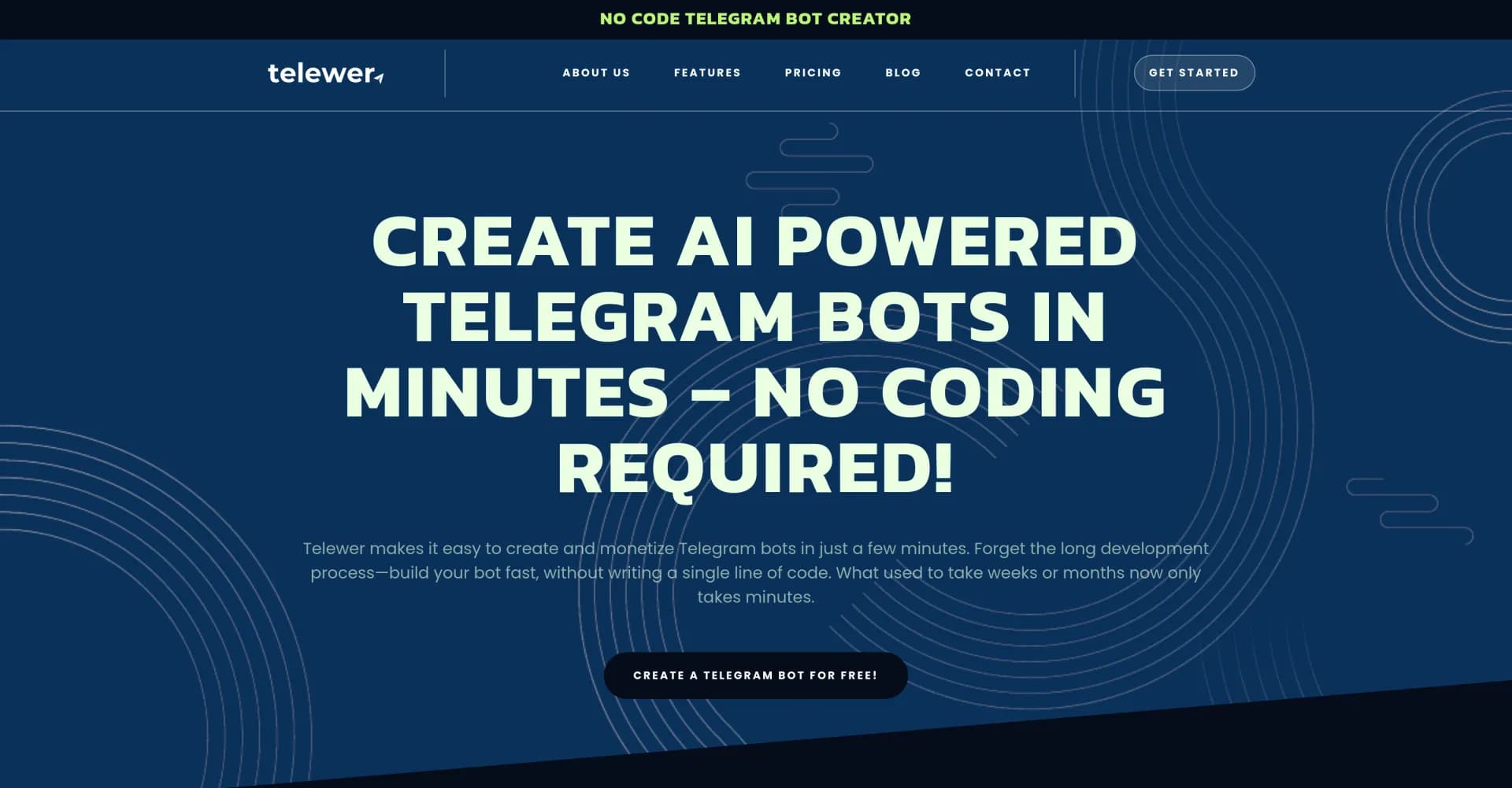 Telewer homepage screenshot — Create AI-powered Telegram bots in minutes, no coding requir