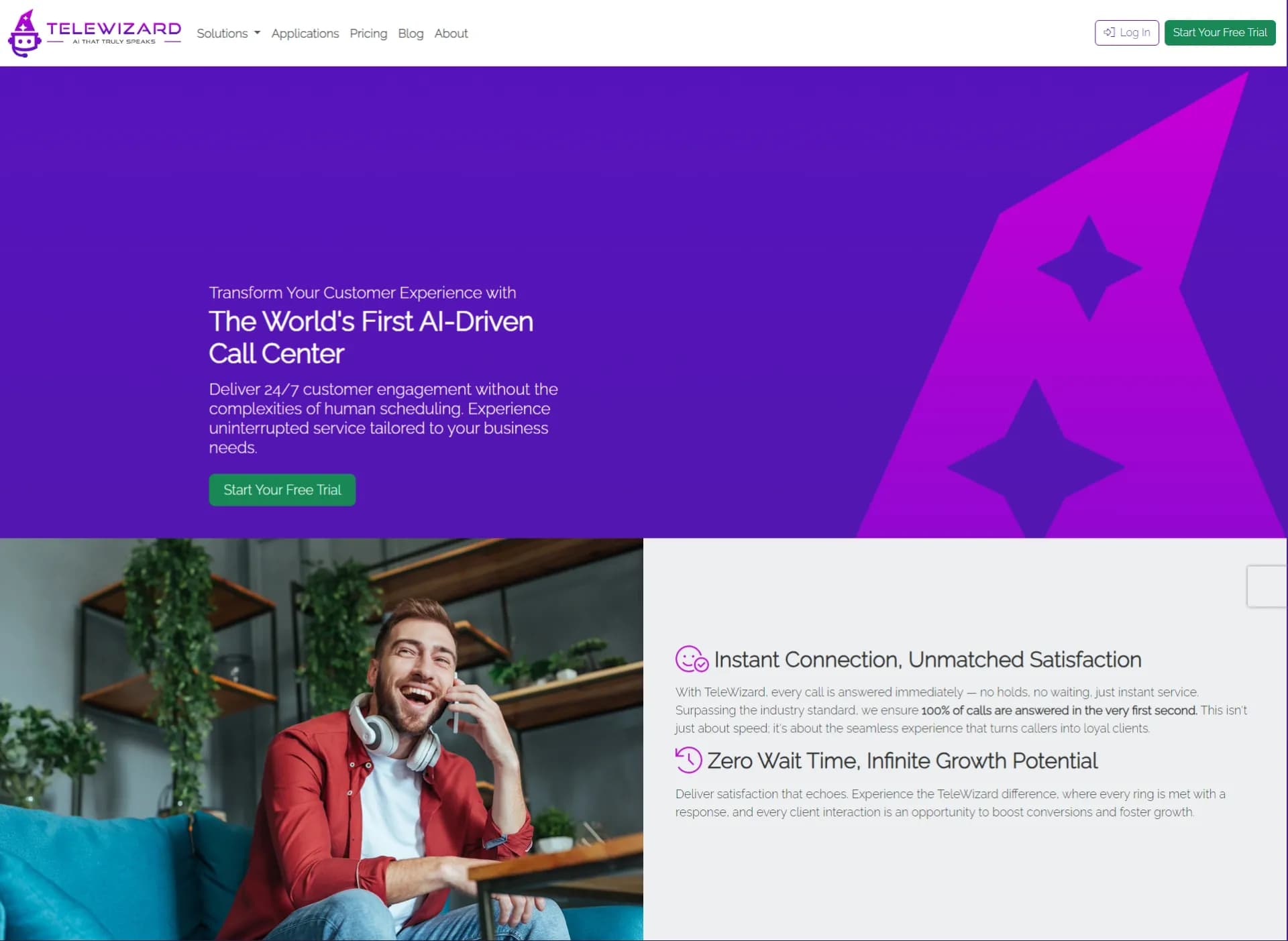 TeleWizard homepage screenshot — 24/7 AI Call Answering for Missed and After-Hours Calls