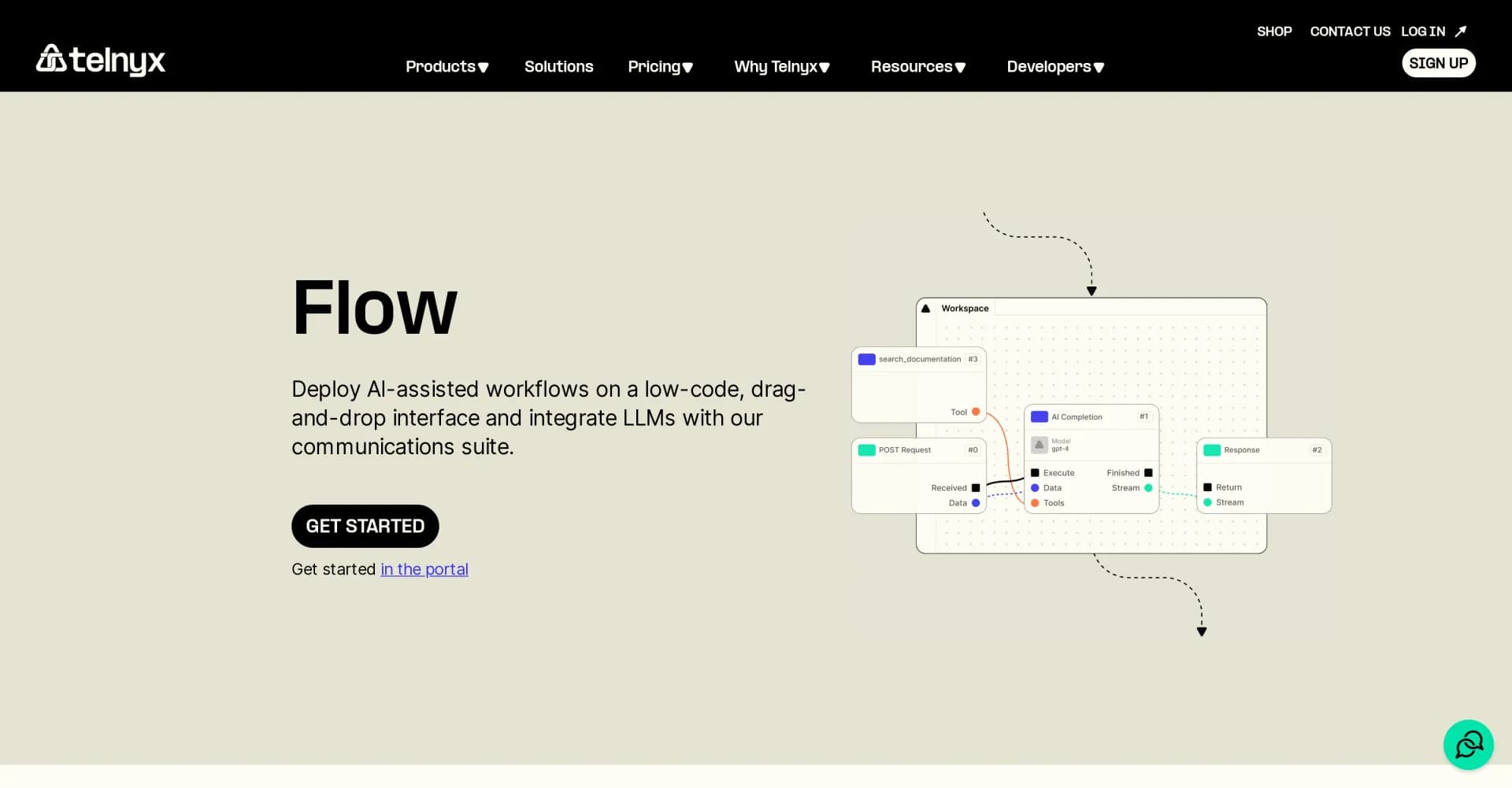 Telnyx Flow homepage screenshot — Deploy AI workflows with low-code simplicity.