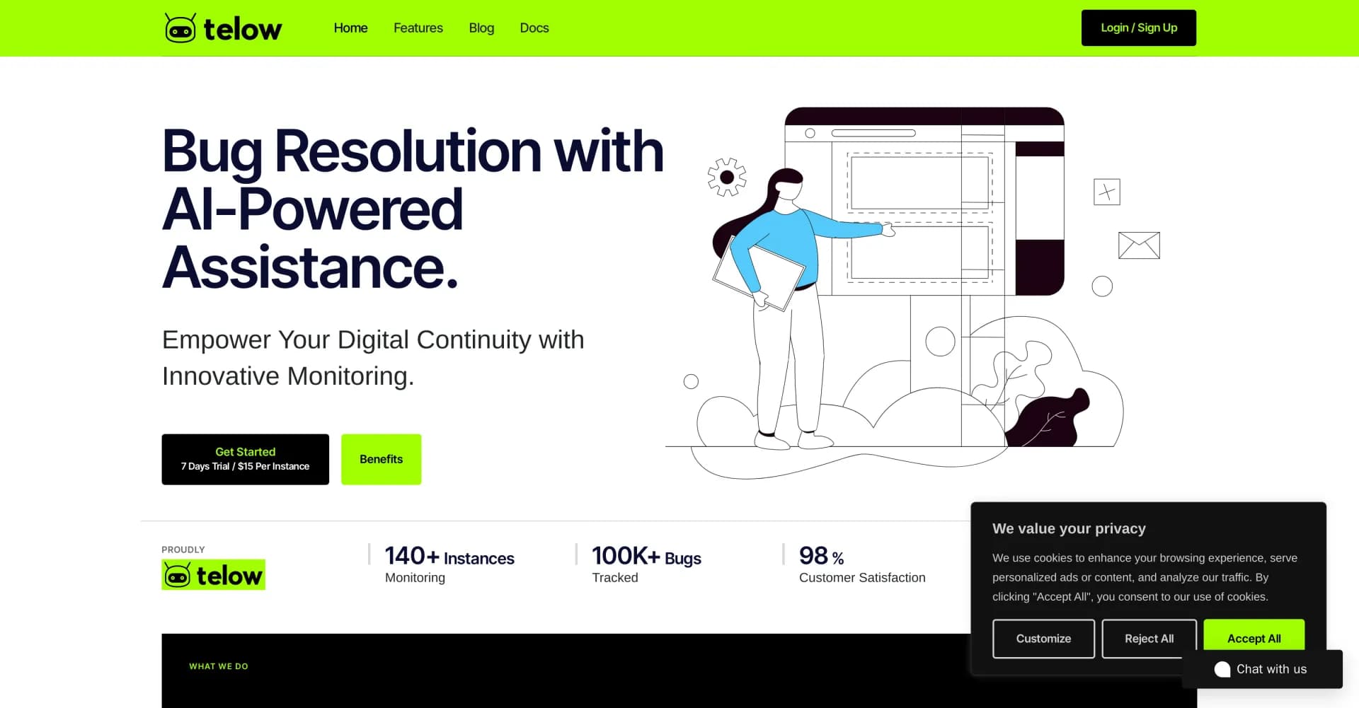 Telow homepage screenshot — AI-powered bug resolution for seamless digital continuity.