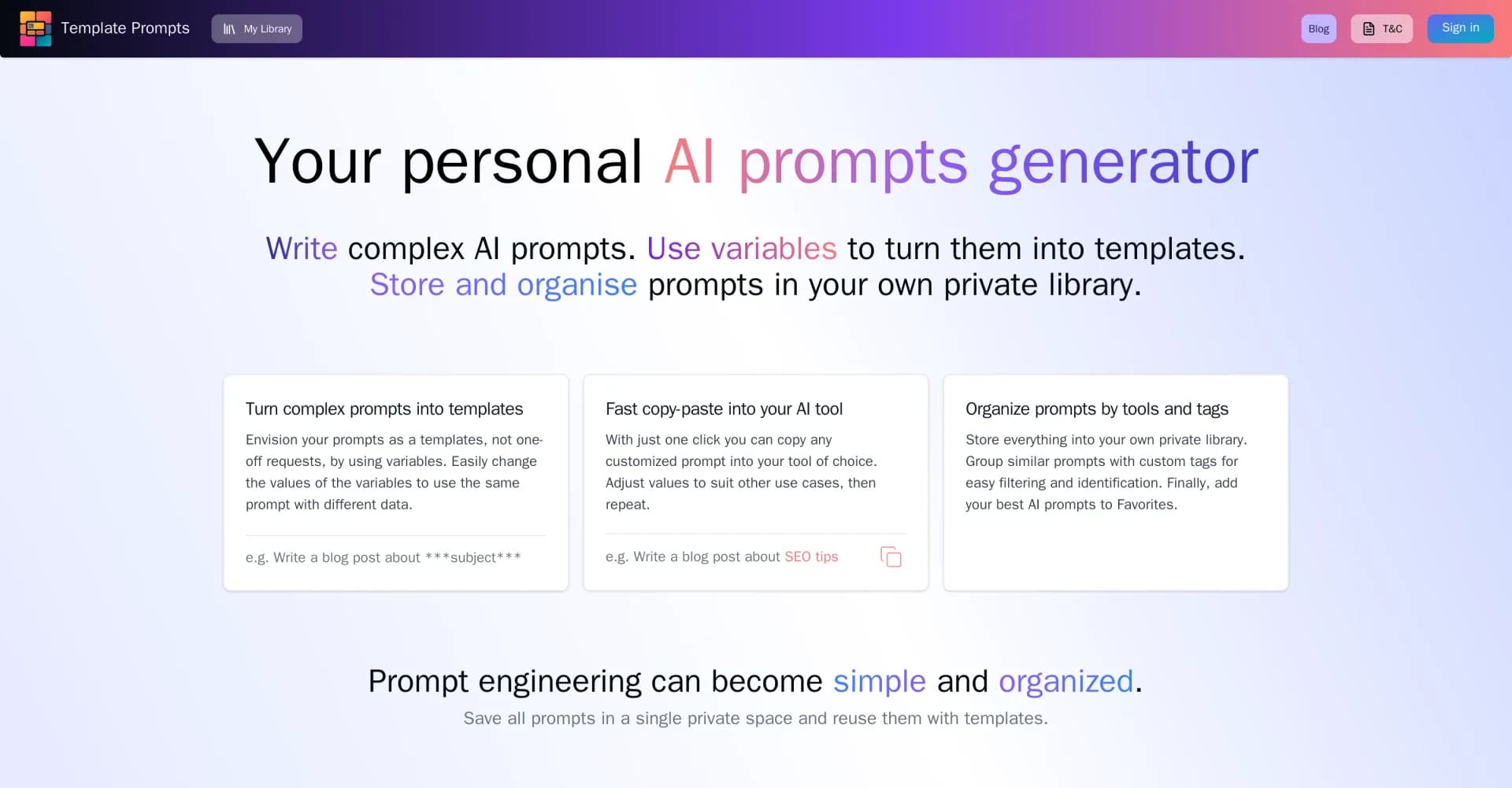 Template Prompts homepage screenshot — Generate, customize and organize AI prompts effortlessly.