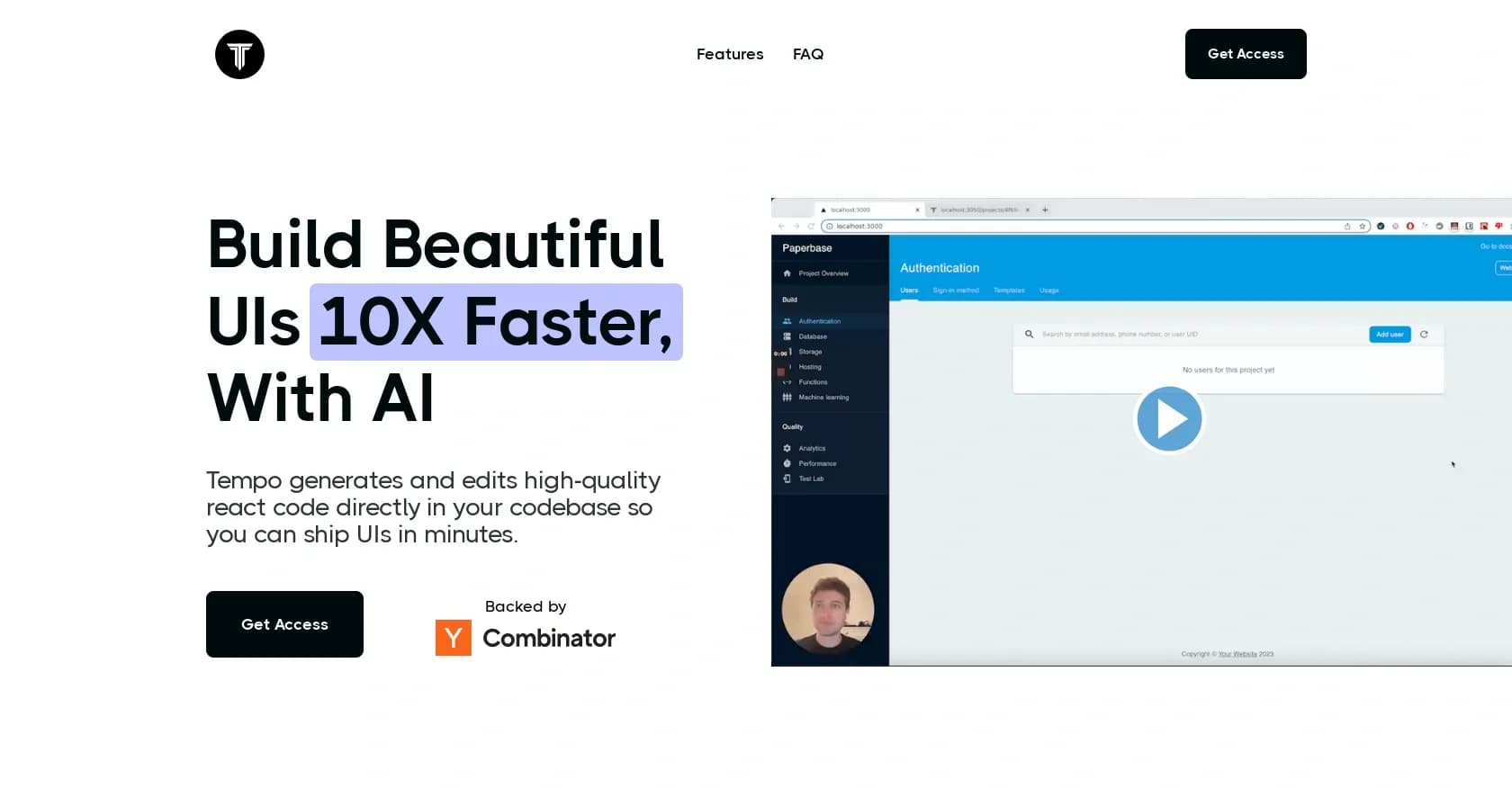 Tempo homepage screenshot — Build beautiful UIs 10X faster with AI