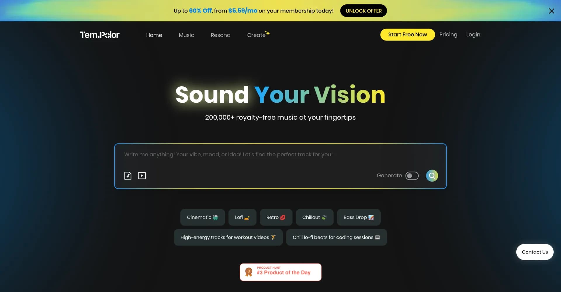 TemPolor homepage screenshot — AI-powered royalty-free music for creators