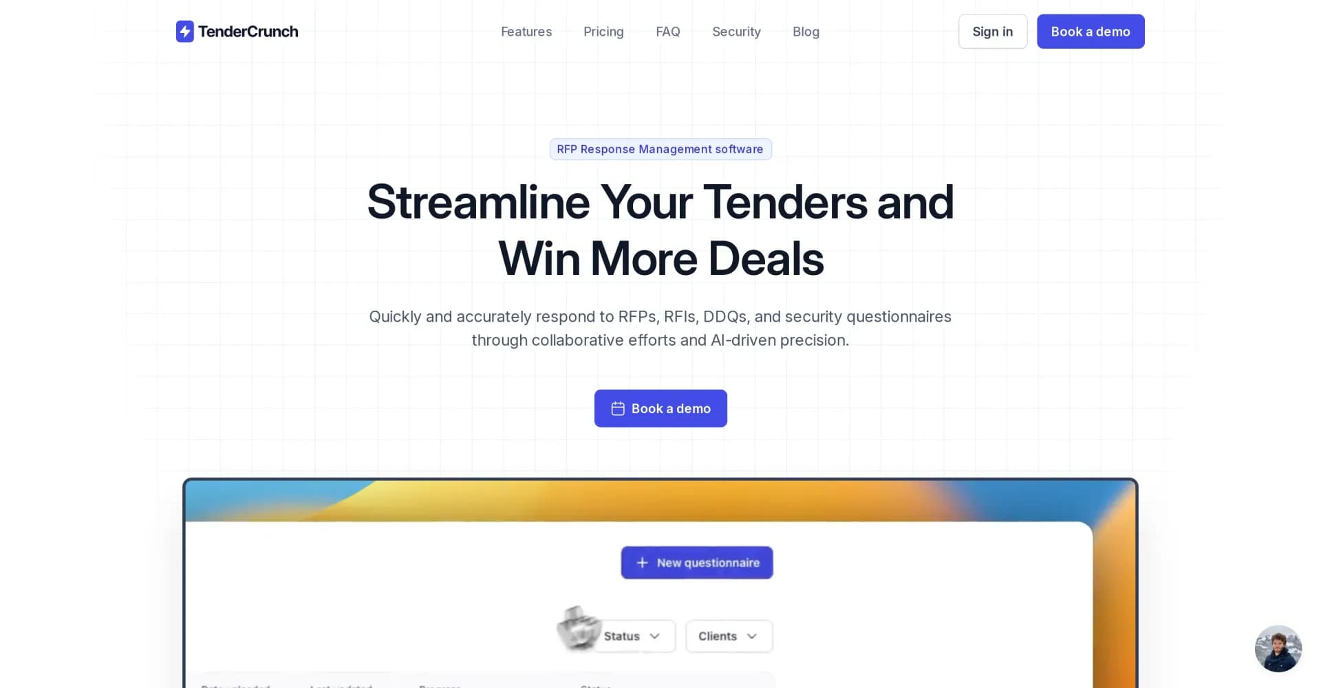 TenderCrunch homepage screenshot — Unlock lightning-fast RFP responses to win more deals.