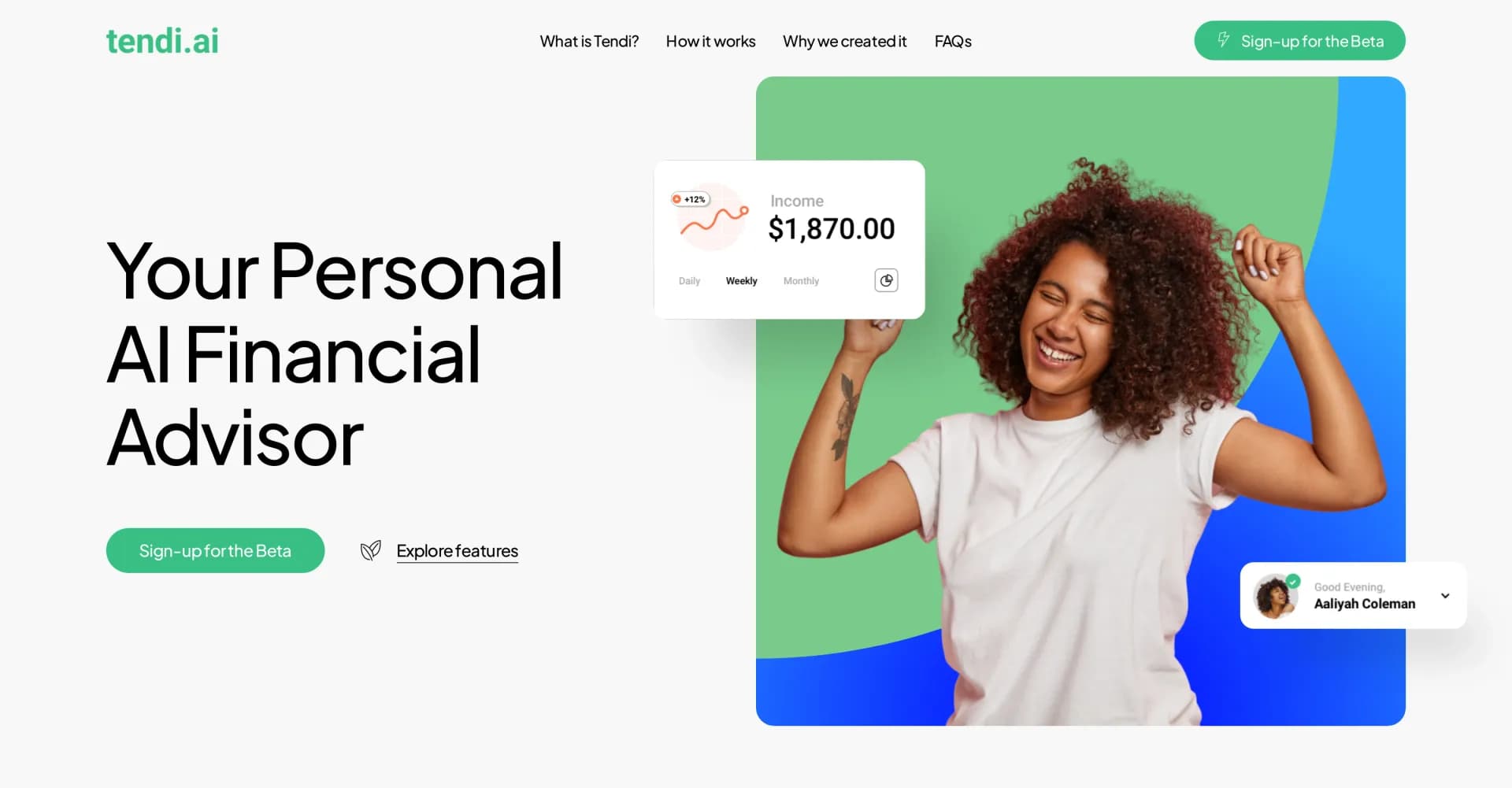Tendi homepage screenshot — AI-powered financial advisor for everyone