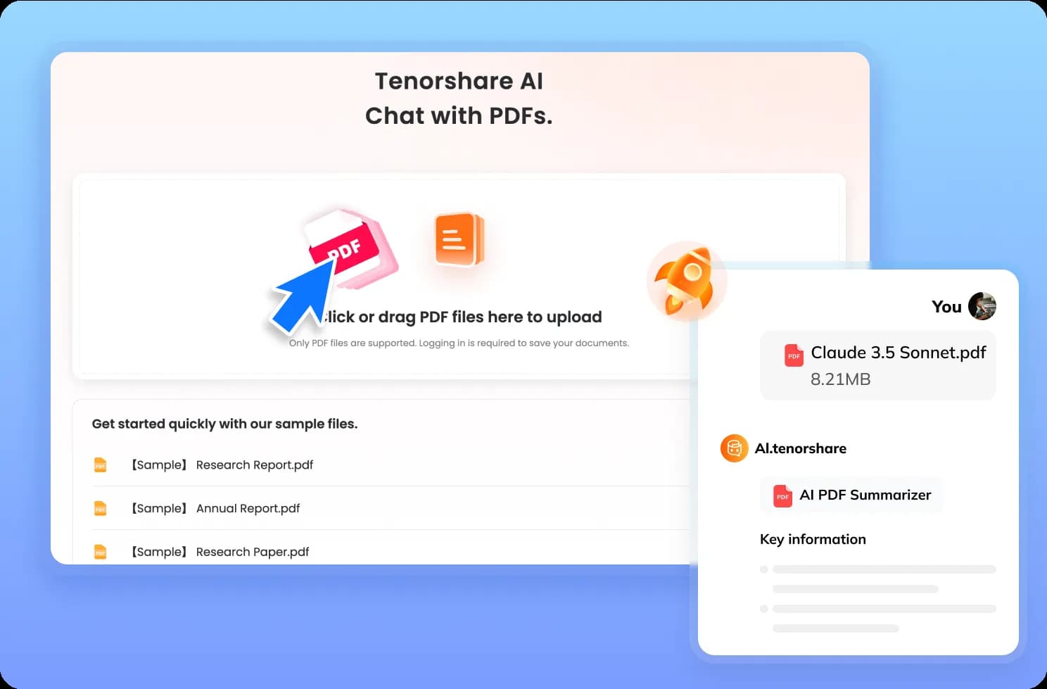 Tenorshare AI PDF homepage screenshot — AI-powered PDF chat and summarization tool.