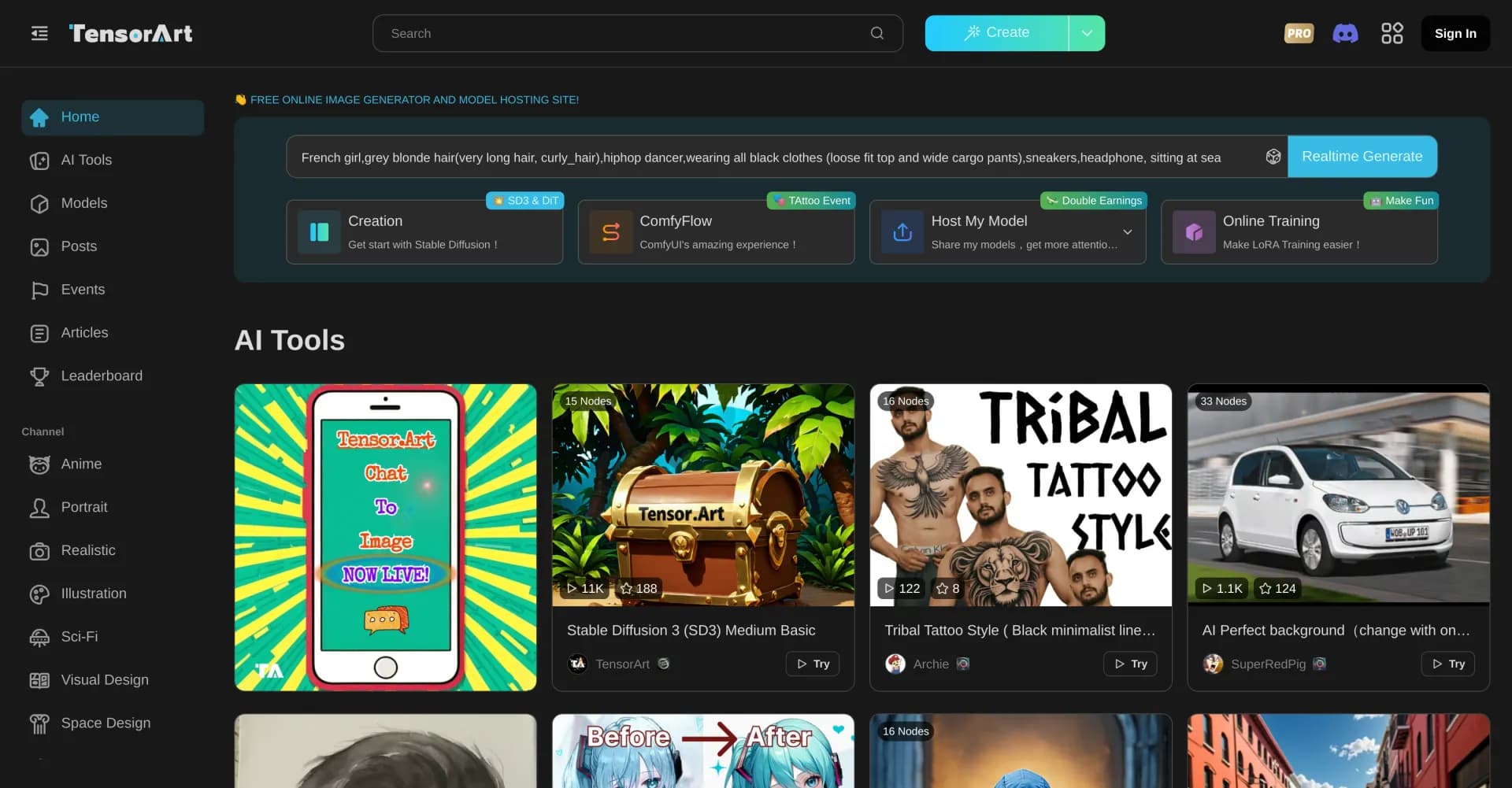 Tensor.Art homepage screenshot — Generate, share, and train AI images for free.