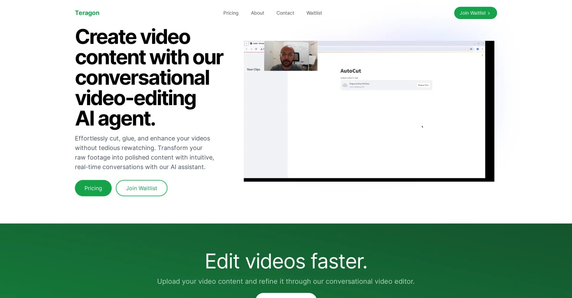 Teragon homepage screenshot — Edit videos through conversations with AI