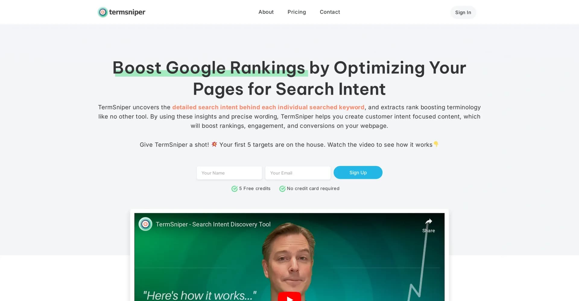 TermSniper homepage screenshot — Uncover search intent to optimize content