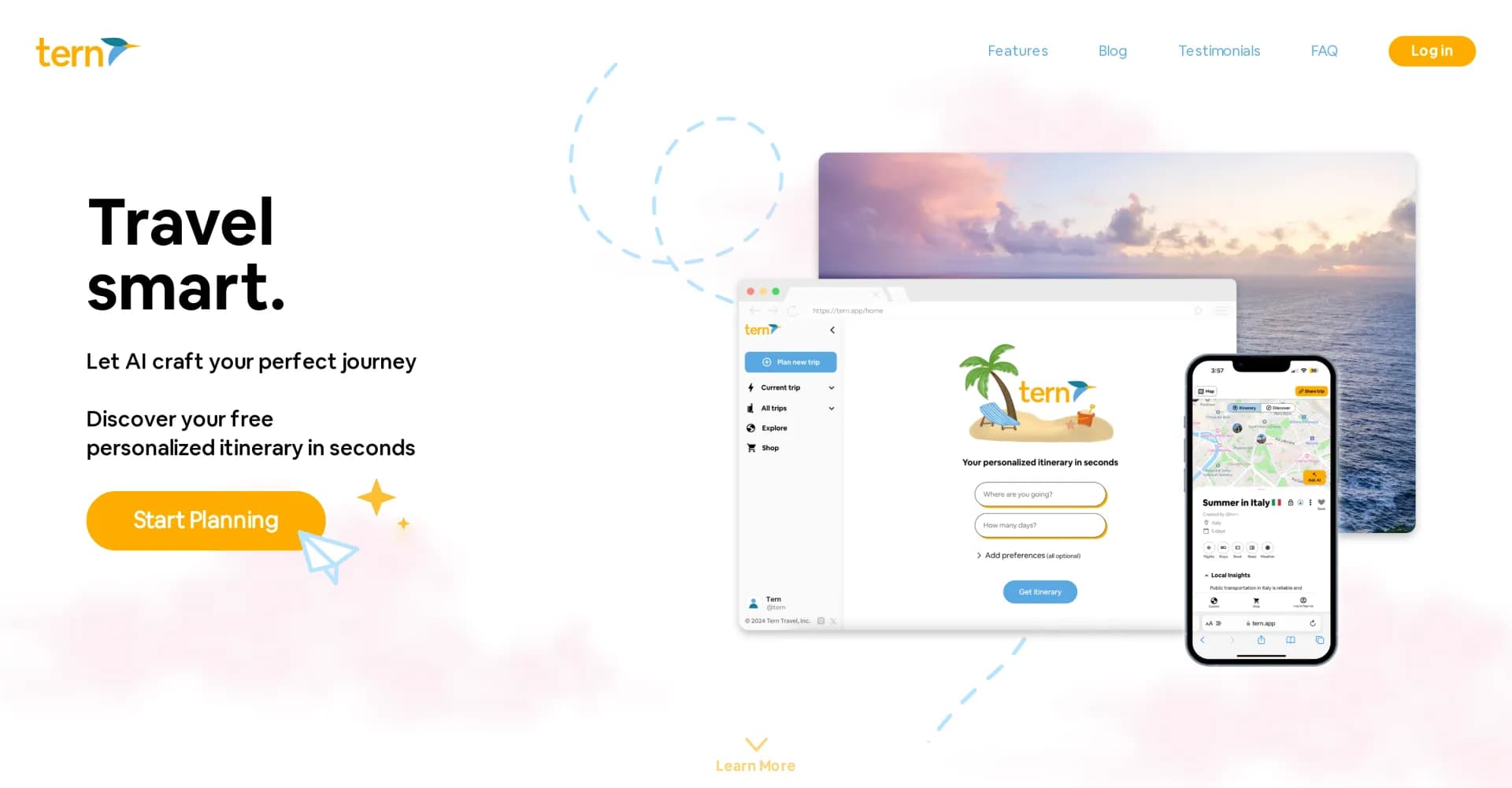 Tern homepage screenshot — AI-powered travel itineraries in seconds