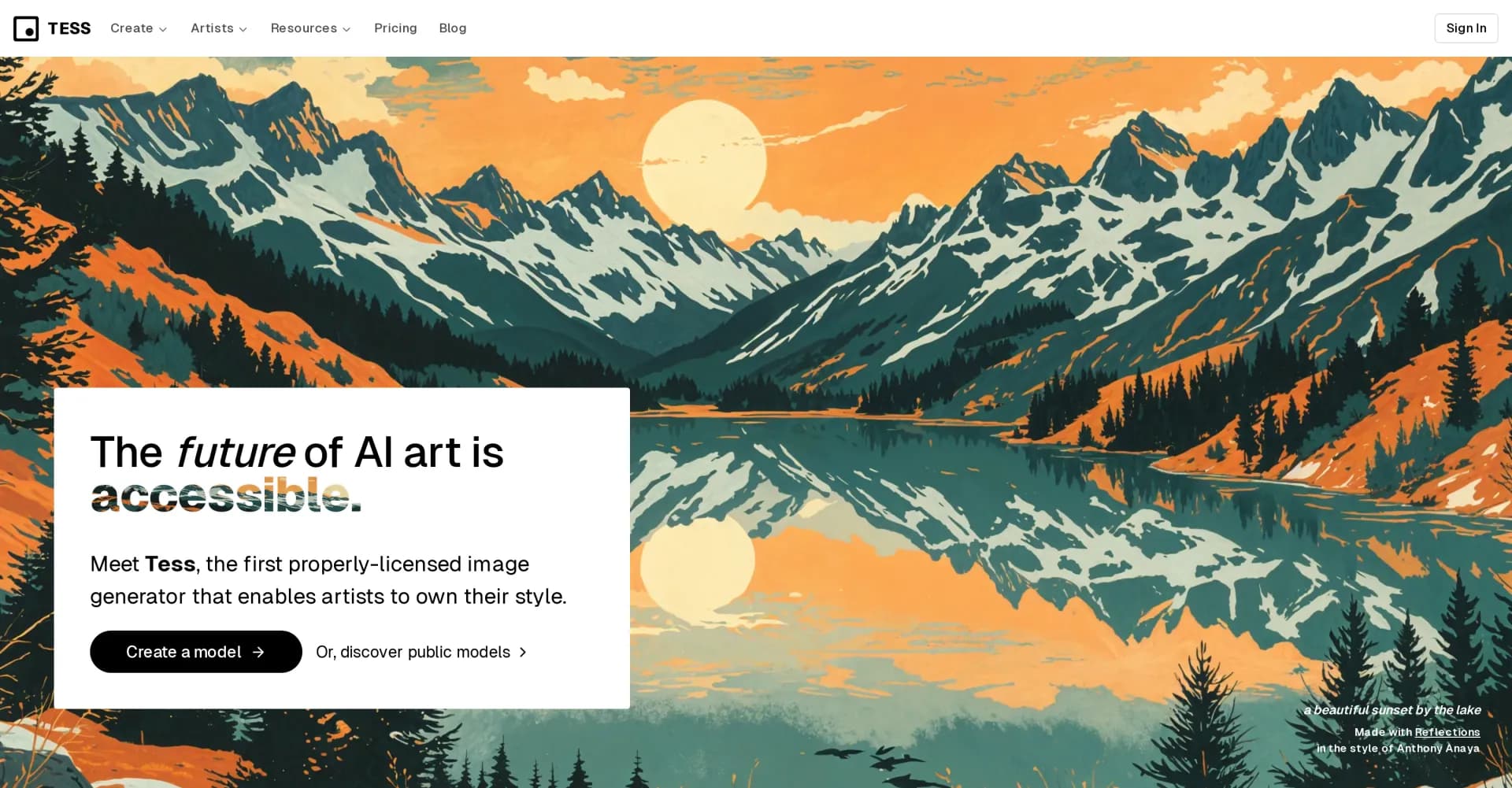 Tess Design homepage screenshot — Ethical AI image generation that pays artists