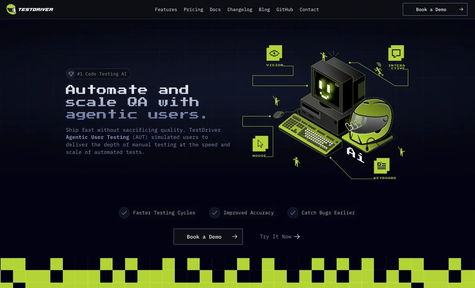 TestDriverv6.0.15 homepage screenshot — The first QA AI agent for engineering teams.