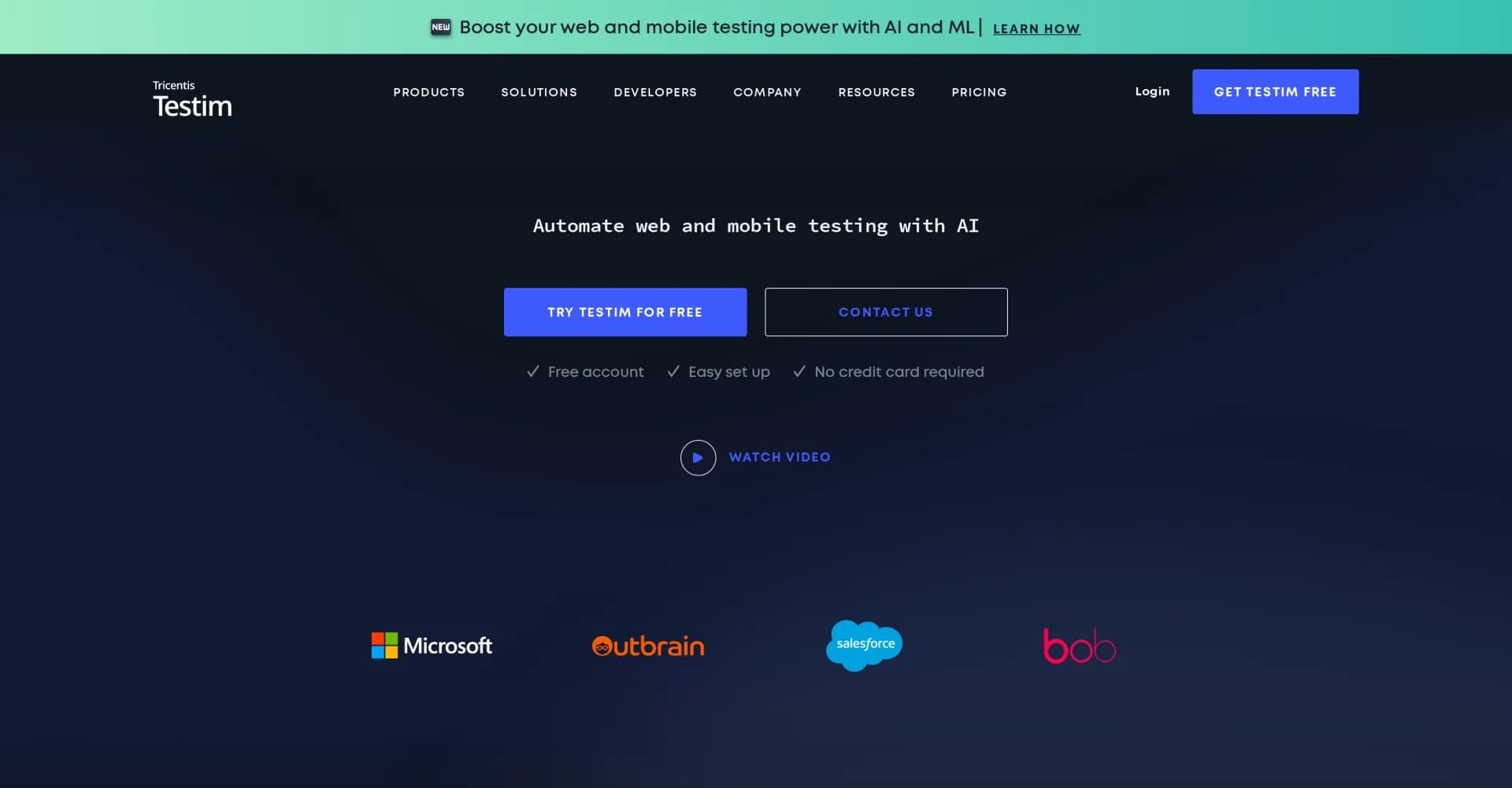 Testim homepage screenshot — AI-powered automated testing for stable, scalable QA