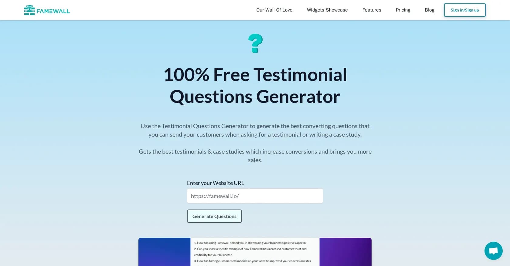 Testimonial Questions Generator homepage screenshot — Generate compelling testimonial questions to boost conversio