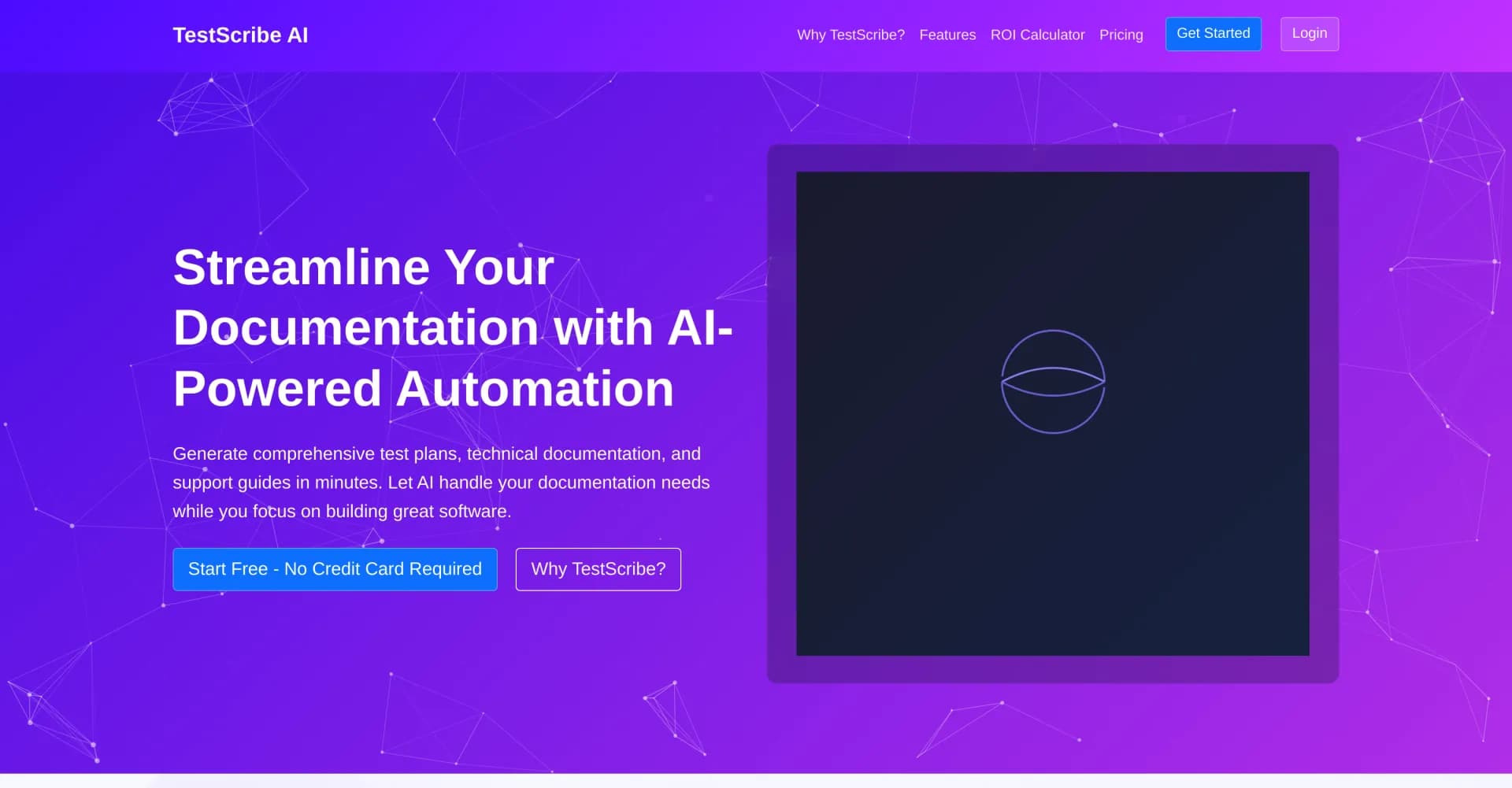 TestScribe AI homepage screenshot — Generate comprehensive documentation in minutes with AI.