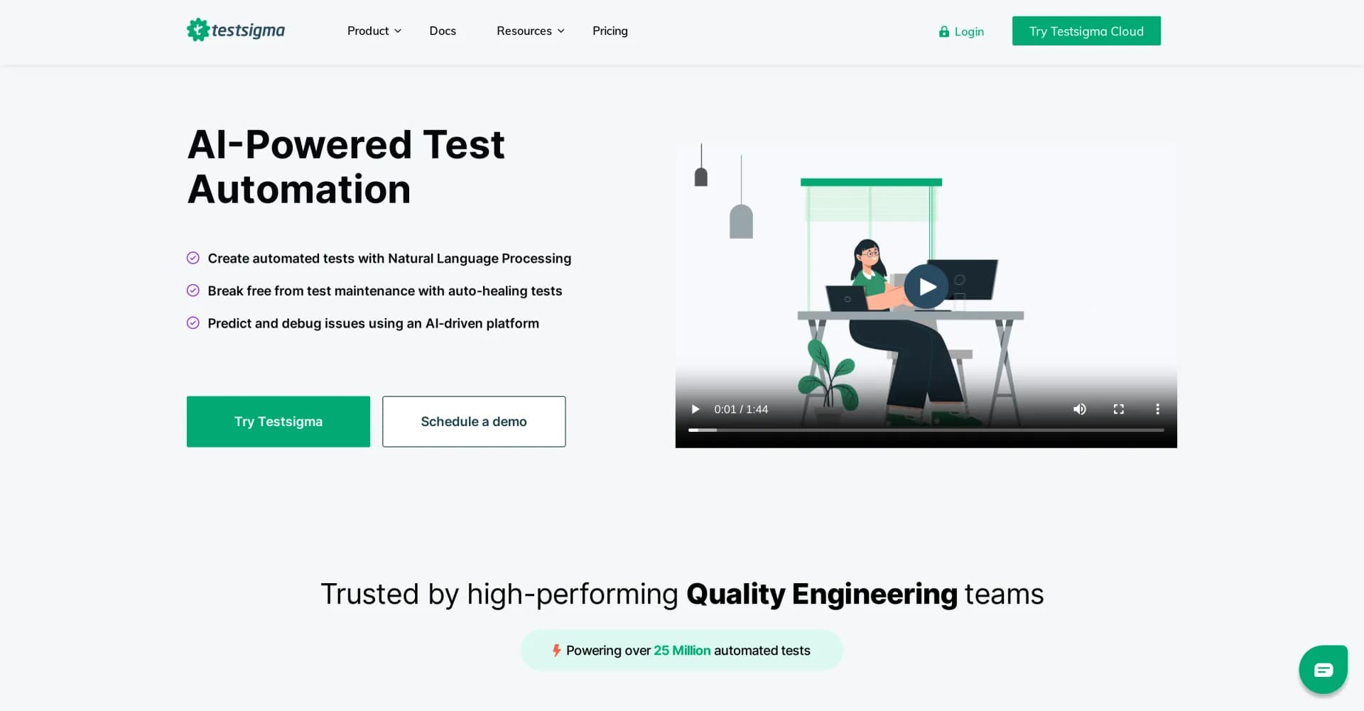 Testsigma homepage screenshot — AI-powered codeless test automation platform