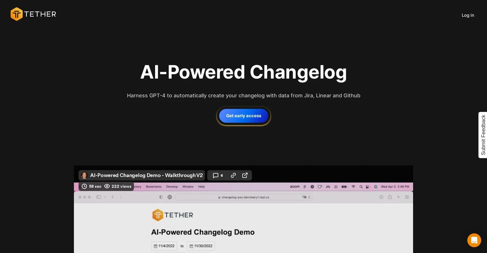 Tethered homepage screenshot — Create changelogs effortlessly with AI and integrations