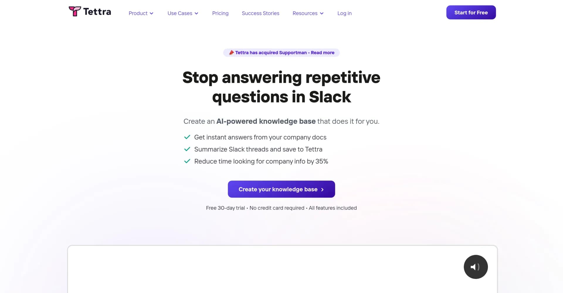 Tettra homepage screenshot — AI-powered knowledge base for instant team answers