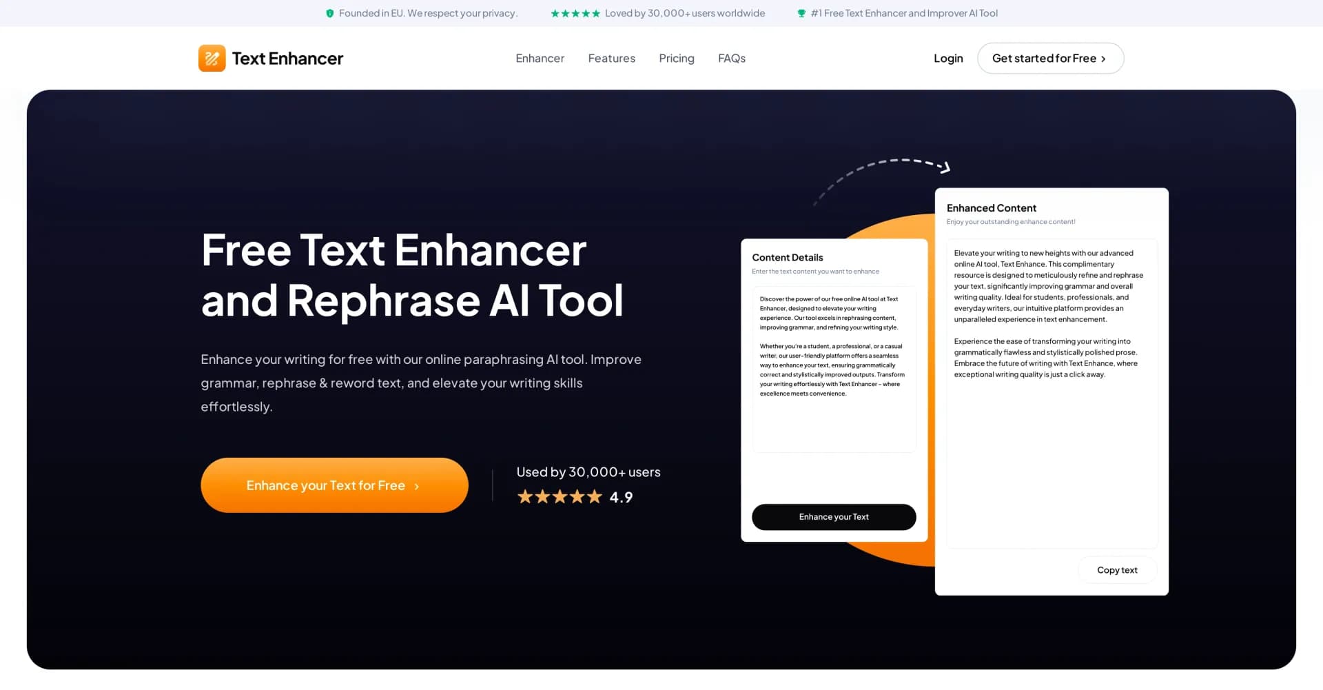 Text-Enhancer.com homepage screenshot — Elevate your writing with AI-powered text enhancement.