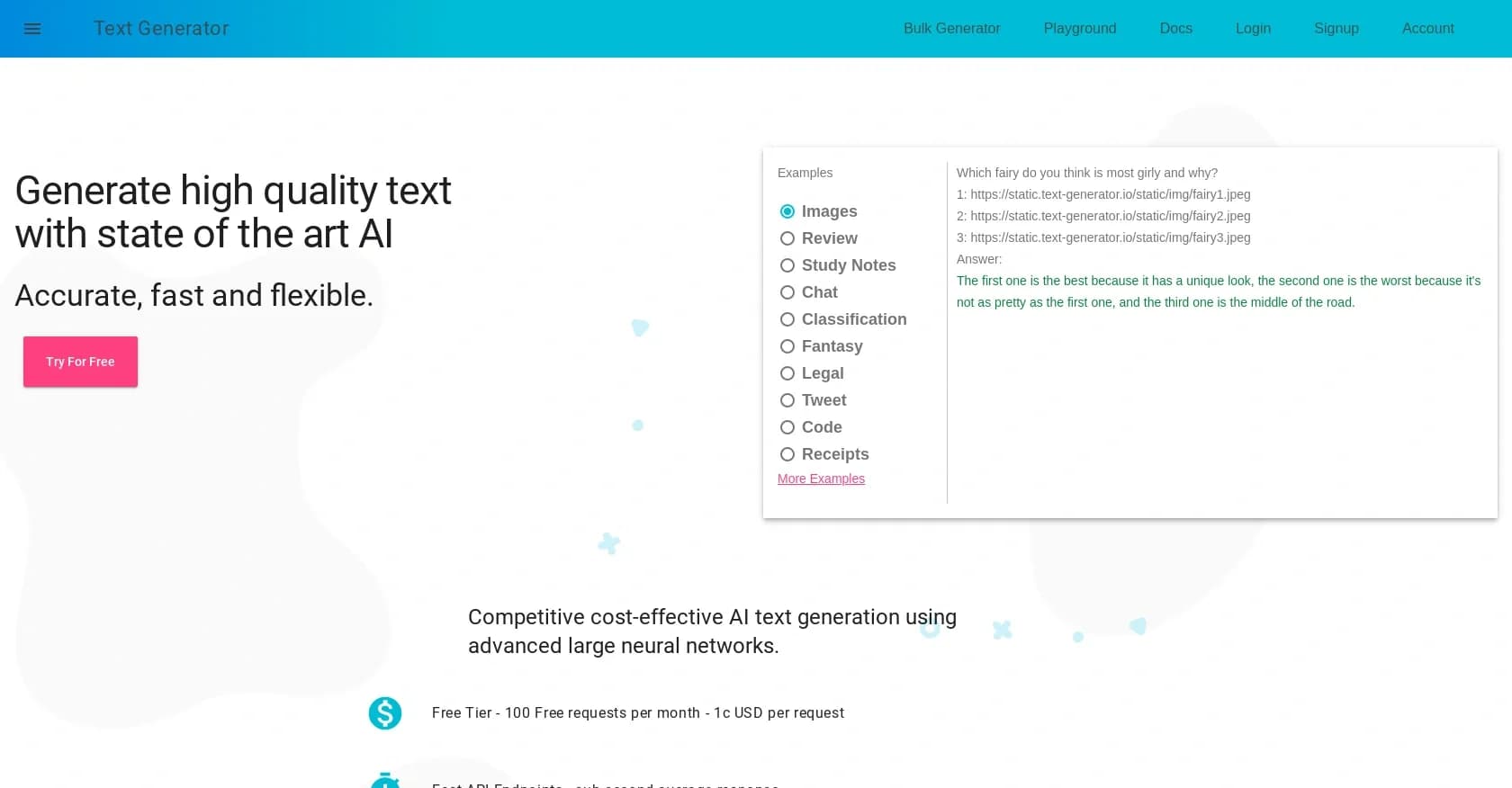 Text-Generator homepage screenshot — Generate high-quality text with state-of-the-art AI