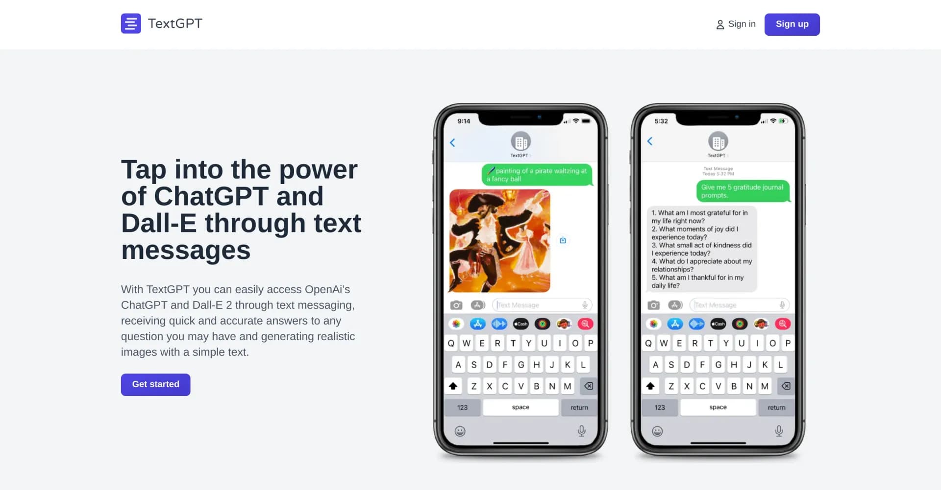 Text GPT homepage screenshot — Access GPT and DALL-E through text messages