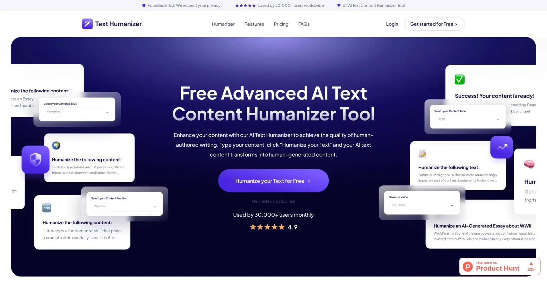 Text-Humanizer homepage screenshot — Transform AI text into human-like content instantly.