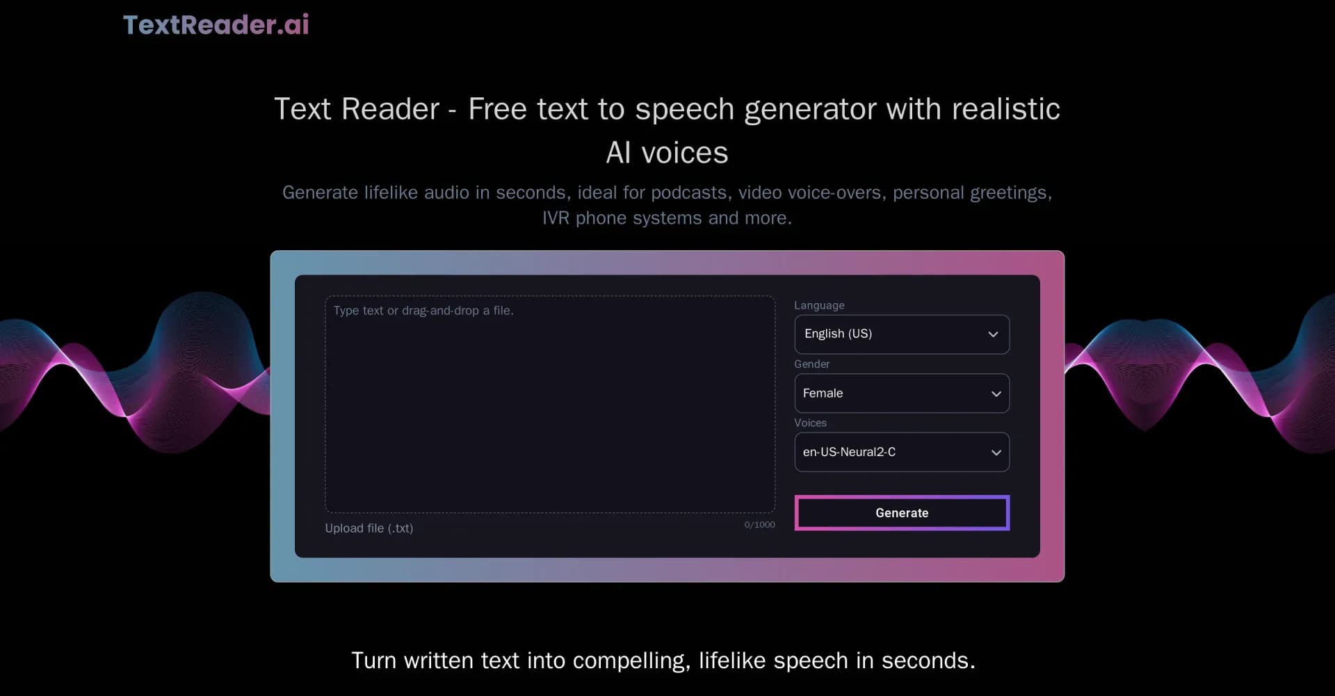 Text Reader homepage screenshot — Transform text into lifelike audio instantly.